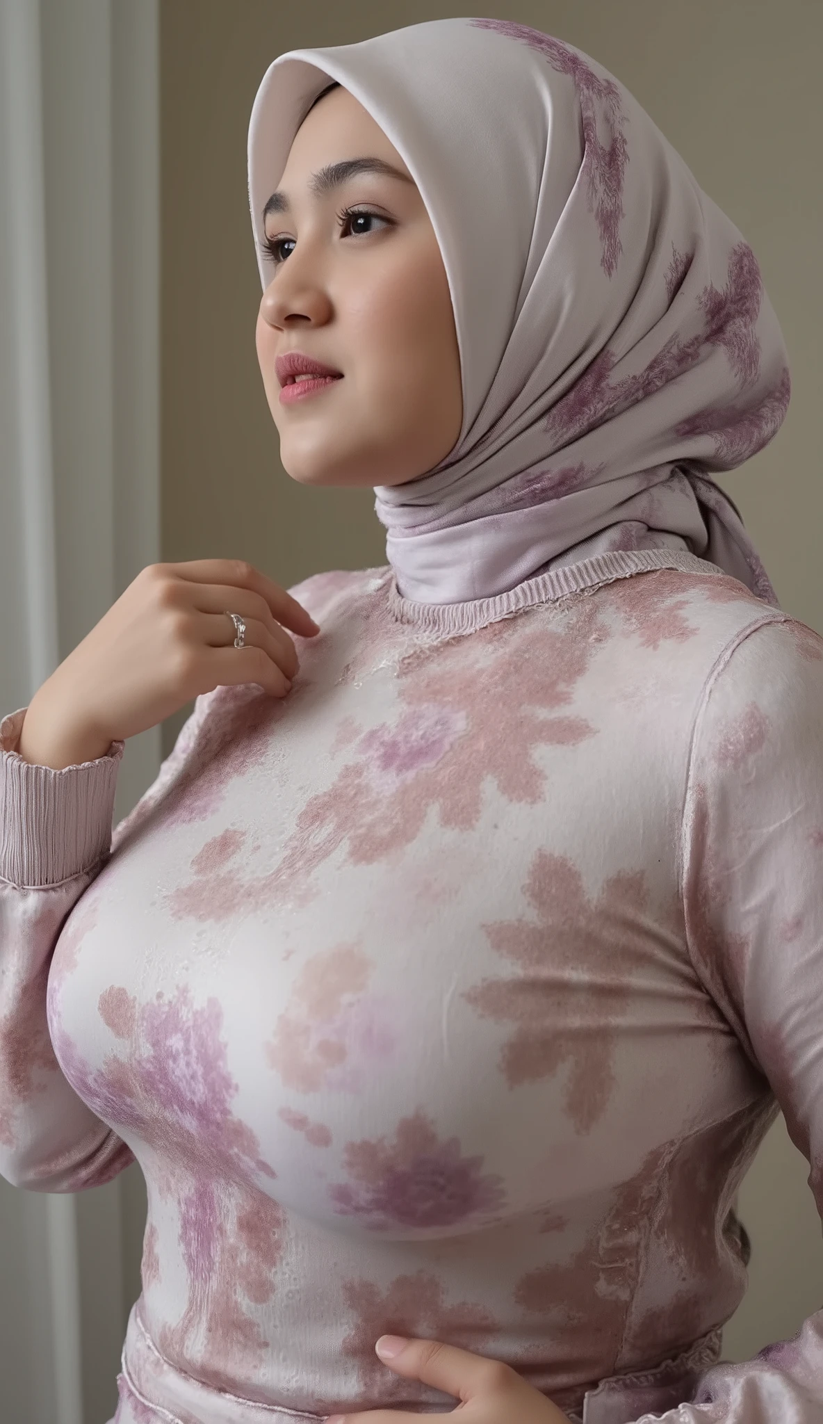 A girl with crafted bold flower patterned large simple instant bergo satin transparent hijab. Close up of women getting strangled, eyes closed, chin up, big , covered with large hijab, she is looking at the viewer with bright and loving eyes. She is leaning forwardal. Close-up of body, very detailed. She is wearing a perfect wet soft sweater. Hasselblad H6D-400c MS, low exposure, big , , big arms, high contrast, ISO 100, with a 120mm macro lens. bulky belly, bulky , milky , larger than head, , wrinkled , veiny , lactating, montgomery glands, bright skin, gigantic , fat super , huge triplet , massive , massive gigantomastia, macromastia, inverted , exaggerated gigantic , dark , visible, jiggling , plump lips, ultra detailed , saggy , standing model pose 3/4 body, moles, mega cleavage, navel exposed alabaster skin, face, face, ( Close Up),RAW, Best quality, high resolution, works: 1.3). All body covered with color r , HAIR