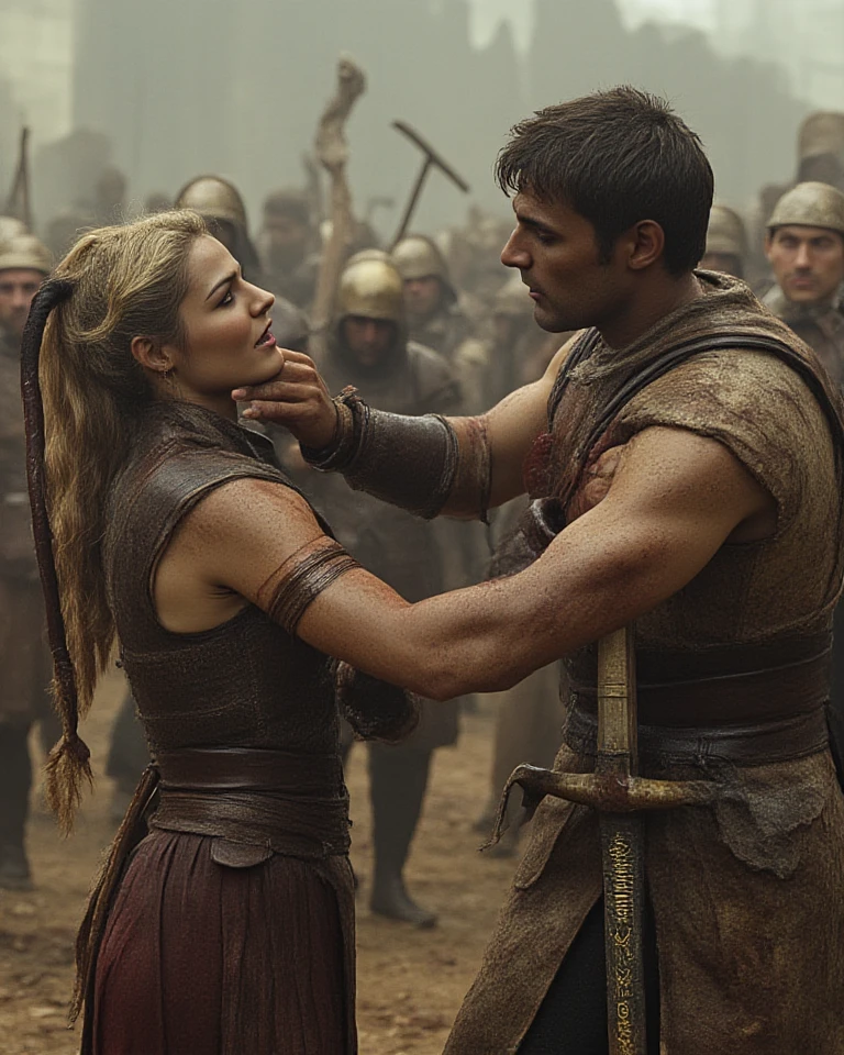 Realism, super quality, action photography style, a defeated woman kneels, her son holds the tip of his sword to the woman's throat, knife stab in the throat, Her head is thrown back strongly.., the woman has a large manly Adam's apple, (woman - 30 year old warrior, throat slashed, Womans face, gothic makeup, pale skin, long hair) (son is 12 ) The ancient Greece 