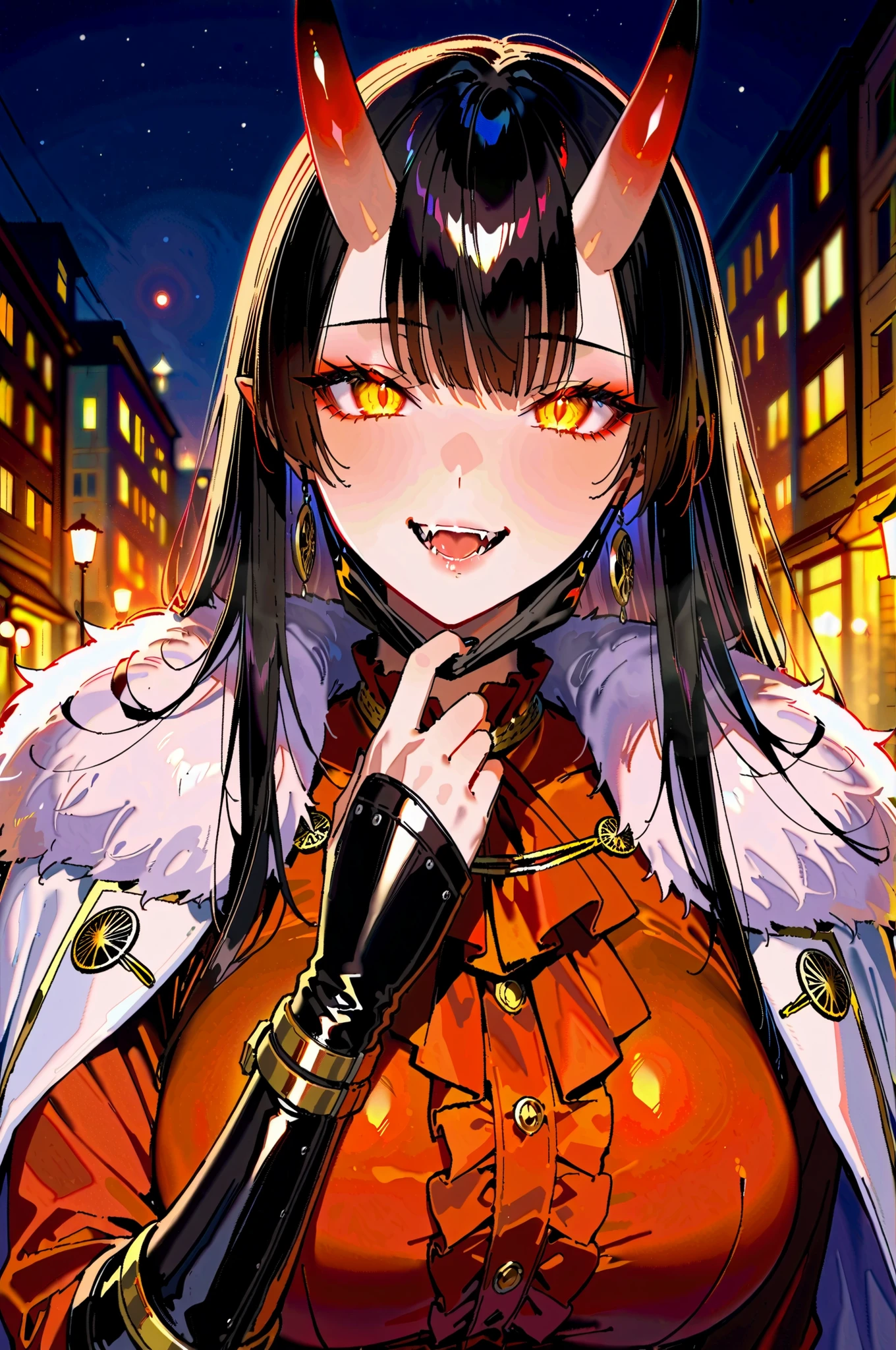 masterpiece, best quality, good quality, very awa, newest, highres, absurdres, uncensored,
Good quality, newest, NSFW
BREAK
eyelashes, looking seductive, coy. dynamic action image, detailed face, detailed eyes, direct mesmerizing gaze, close-up:0.8
BREAK 1woman, black hair(long, straight hair), very light skin, elegant woman, tall, muscular, athletic body, mature, curvy, fangs, dot eyebrows, detailed hair, detailed eyes, yellow eye, medium-big breasts, colored, black nail, sassy,
BREAK (solo), full clothes, black oni mask with golden fangs, face mask(mouth covered), Japanese oni mask, royal Victorian clothes, leather gauntlet, red shirt, colorful clothes, center open, close up, jewelry, white fur cloak, close-up:0.8, dominance vibes, moonlit, outdoors, at night, in luxury party, glowing eyes, staring towards viewer, horny, standing, half body, side front view, leaning toward viewer, teasing,