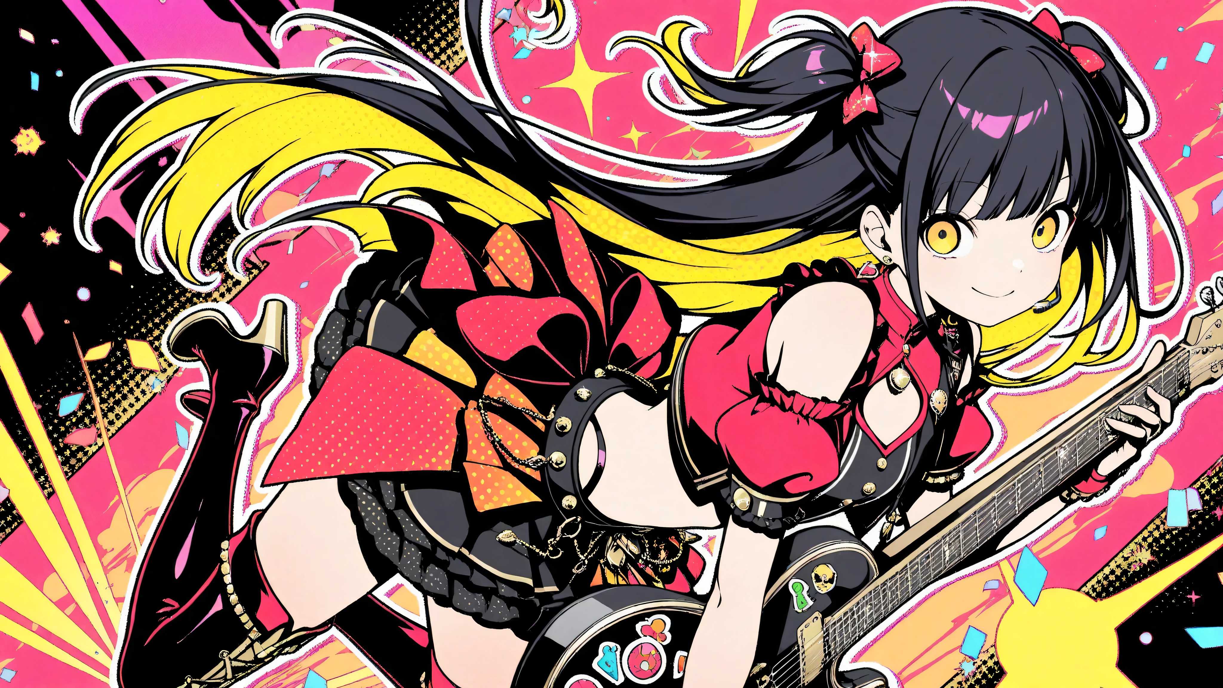 (masterpiece, best quality, clean cel-shaded pop-anime style, bold crisp linework, high saturation, graphic poster vibe, flat shapes, simplified geometry, clear silhouette, halftone dots, sticker-like cutout edges, minimal soft shading)
a glamorous idol girl with long black hair styled in soft waves, posing confidently while kneeling on a glossy red electric guitar; expression: bright stage smile with playful charm; outfit: vivid red idol costume with frilled short skirt, cropped jacket, and gold-trimmed accessories, thigh-high boots with glossy highlights; accessories: heart-shaped earrings, glittery wristbands, mic headset; background: flat red-to-yellow gradient with halftone starburst and faint confetti sparkles; palette: red, black, gold, yellow highlights; effects: glow specks, halftone burst, light glitter dust; lighting: glossy highlights, hard rim light, subtle bloom; angle: frontal three-quarter view, energetic pop-stage vibe
