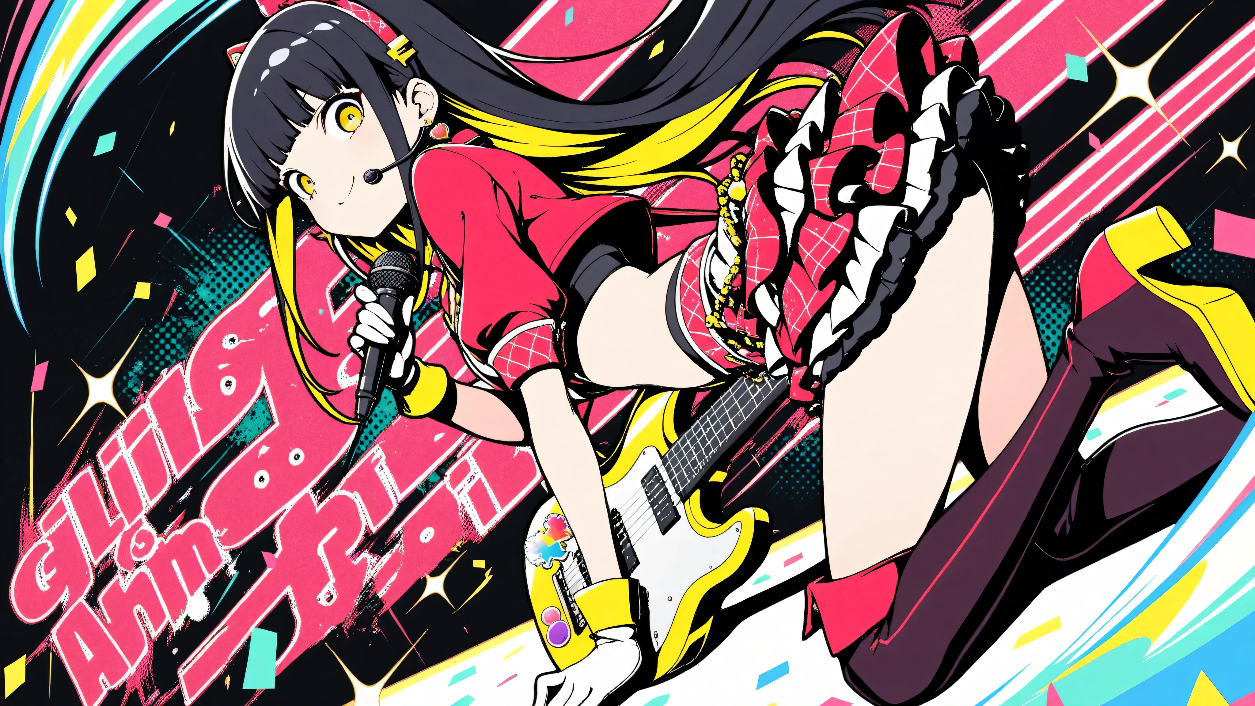(masterpiece, best quality, clean cel-shaded pop-anime style, bold crisp linework, high saturation, graphic poster vibe, flat shapes, simplified geometry, clear silhouette, halftone dots, sticker-like cutout edges, minimal soft shading)
a glamorous idol girl with long black hair styled in soft waves, posing confidently while kneeling on a glossy red electric guitar; expression: bright stage smile with playful charm; outfit: vivid red idol costume with frilled short skirt, cropped jacket, and gold-trimmed accessories, thigh-high boots with glossy highlights; accessories: heart-shaped earrings, glittery wristbands, mic headset; background: flat red-to-yellow gradient with halftone starburst and faint confetti sparkles; palette: red, black, gold, yellow highlights; effects: glow specks, halftone burst, light glitter dust; lighting: glossy highlights, hard rim light, subtle bloom; angle: frontal three-quarter view, energetic pop-stage vibe