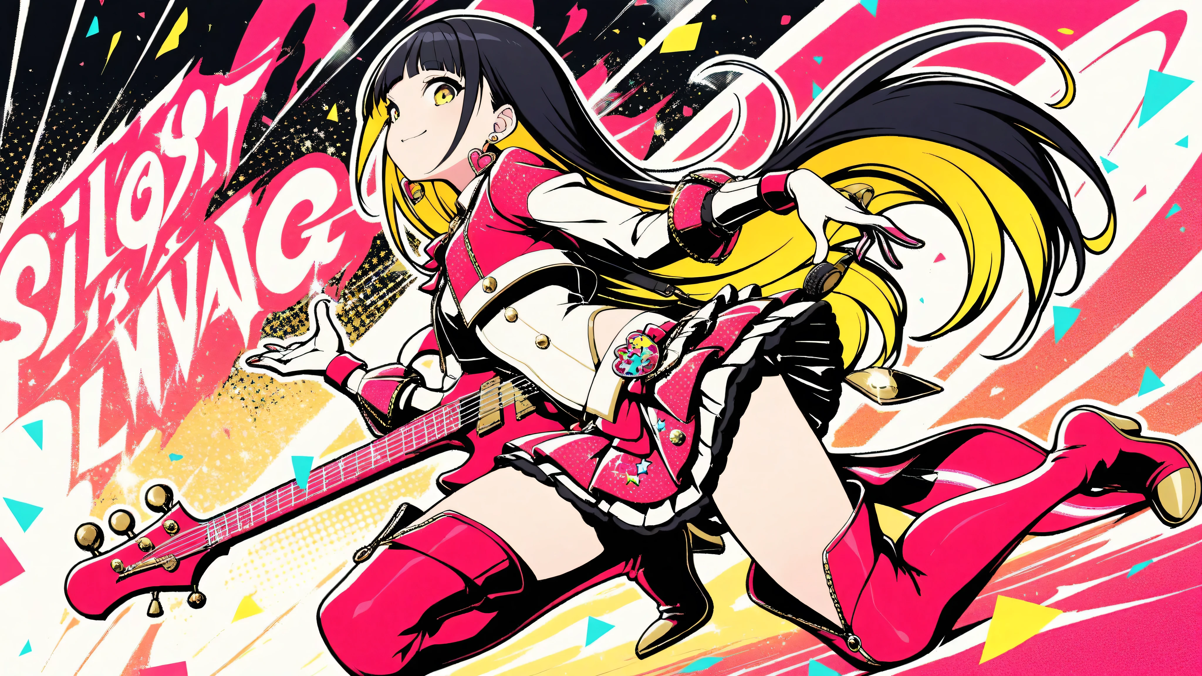 (masterpiece, best quality, clean cel-shaded pop-anime style, bold crisp linework, high saturation, graphic poster vibe, flat shapes, simplified geometry, clear silhouette, halftone dots, sticker-like cutout edges, minimal soft shading)
a glamorous idol girl with long black hair styled in soft waves, posing confidently while kneeling on a glossy red electric guitar; expression: bright stage smile with playful charm; outfit: vivid red idol costume with frilled short skirt, cropped jacket, and gold-trimmed accessories, thigh-high boots with glossy highlights; accessories: heart-shaped earrings, glittery wristbands, mic headset; background: flat red-to-yellow gradient with halftone starburst and faint confetti sparkles; palette: red, black, gold, yellow highlights; effects: glow specks, halftone burst, light glitter dust; lighting: glossy highlights, hard rim light, subtle bloom; angle: frontal three-quarter view, energetic pop-stage vibe
