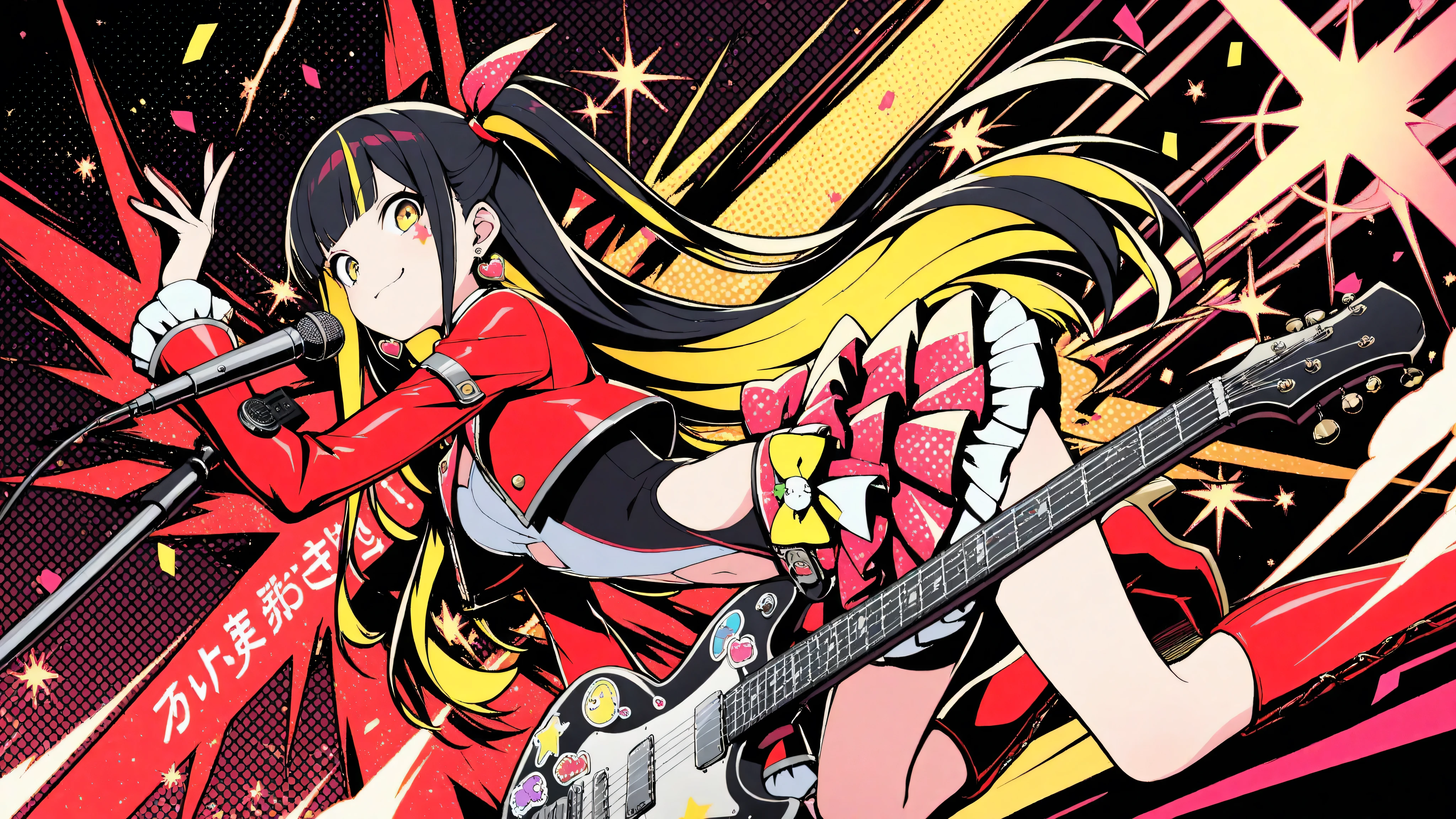(masterpiece, best quality, clean cel-shaded pop-anime style, bold crisp linework, high saturation, graphic poster vibe, flat shapes, simplified geometry, clear silhouette, halftone dots, sticker-like cutout edges, minimal soft shading)
a glamorous idol girl with long black hair styled in soft waves, posing confidently while kneeling on a glossy red electric guitar; expression: bright stage smile with playful charm; outfit: vivid red idol costume with frilled short skirt, cropped jacket, and gold-trimmed accessories, thigh-high boots with glossy highlights; accessories: heart-shaped earrings, glittery wristbands, mic headset; background: flat red-to-yellow gradient with halftone starburst and faint confetti sparkles; palette: red, black, gold, yellow highlights; effects: glow specks, halftone burst, light glitter dust; lighting: glossy highlights, hard rim light, subtle bloom; angle: frontal three-quarter view, energetic pop-stage vibe
