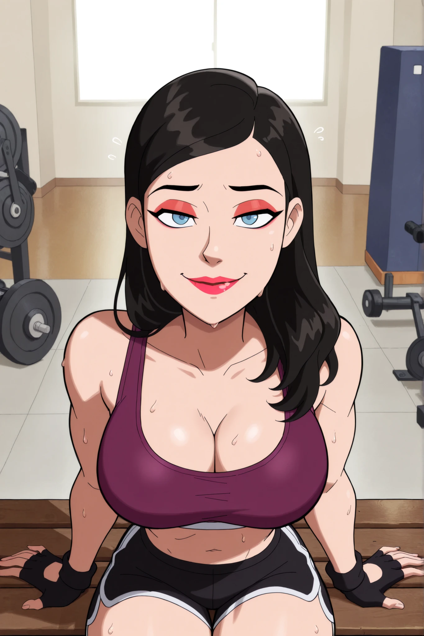 BREAK, score_6_up, score_7_up, score_8_up, score_9, 1girl, solo, loislane, black hair, long hair, makeup, lipstick, blue eyes, large breasts, cleavage, curvy, athletic, looking at viewer, seducing viewer, teasing viewer, smiling, closed mouth, seductive expression, bedroom eyes, busty, purple sports bra, black gym shorts, purple fingerless gloves, indoors, gym, sitting on bench, portrait, closeup, upper body, high-angle view, red eyeshadow, sweaty, sweat drops 