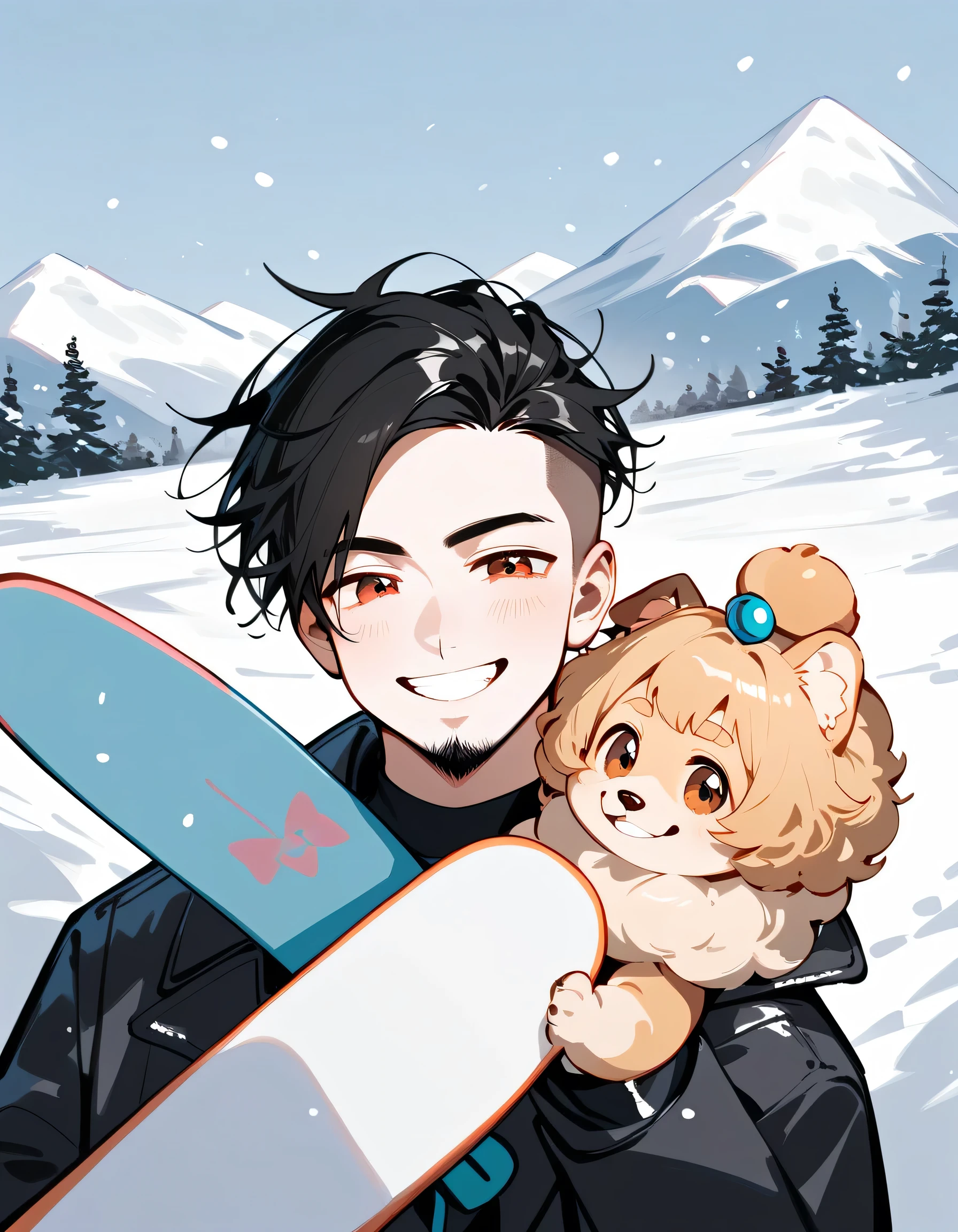 (((((with Pomeranian(dog)))))),(standing holding snowboard),portrait,snowboarder's suits and winter pants,(middle-man),40years old,(The face of an old man with dignity),man's eyes,man's nose,grin,(black short spiked hair),forehead,sidecut,undercut,beard,(manga style,sketch),snow mountain,ski resort, slalom,(createe big snowman),