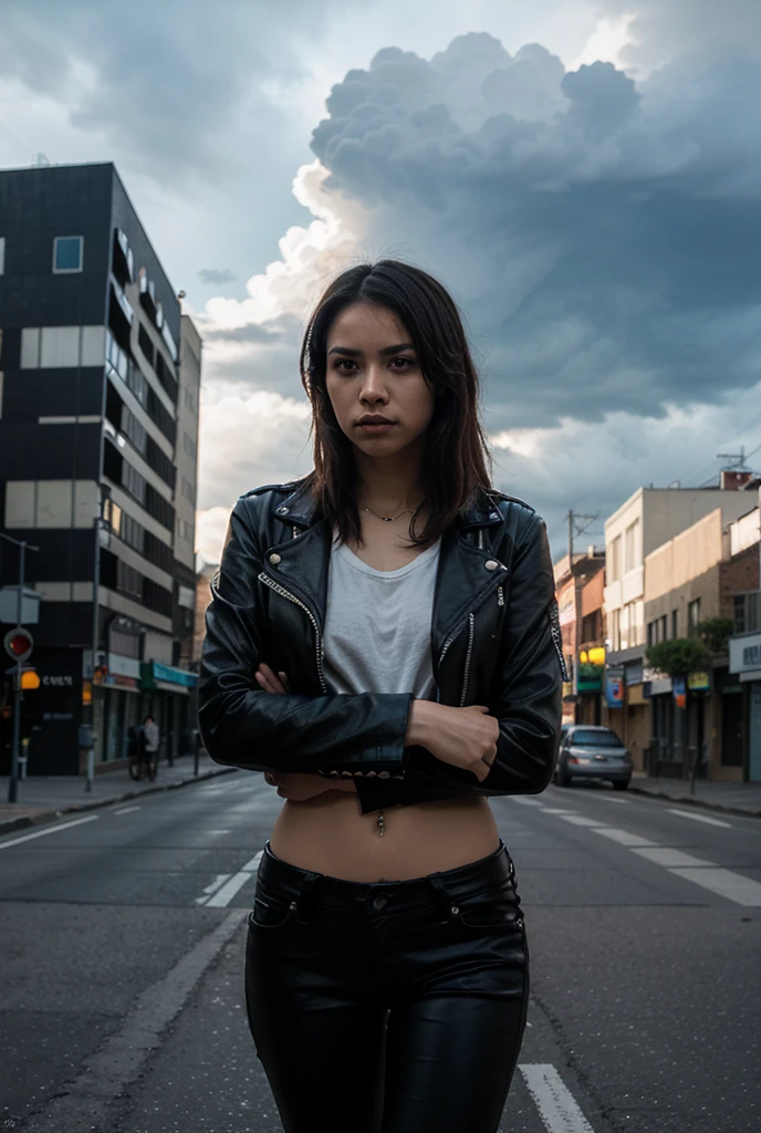 Garota loira de 19 anos, standing, ereta, standing on her feet, standing, nua, crop top preto, muito bonita, athletic, cabelos loiros, olhos azuis, Red lips, usando short denim skirt, saia muito curta, pernas grossas, pernas bonitas, cintura estreita, abdome exposto, umbigo exposto, botas de coxa de couro preto, saia denim curta, minissaia jeans, mini-saia, saia curta azul, cinto de couro preto,  pequenos, pele de porcelana, The girl is wearing a black leather choker, the girl is wearing black leather boots, botas de coxa de couro preto, The girl is standing on a street in a cyberpunk city, cidade cyberpunk futurista, estilo blade runner, cena noturna, luzes da cidade, saia muito curta, micro-saia.