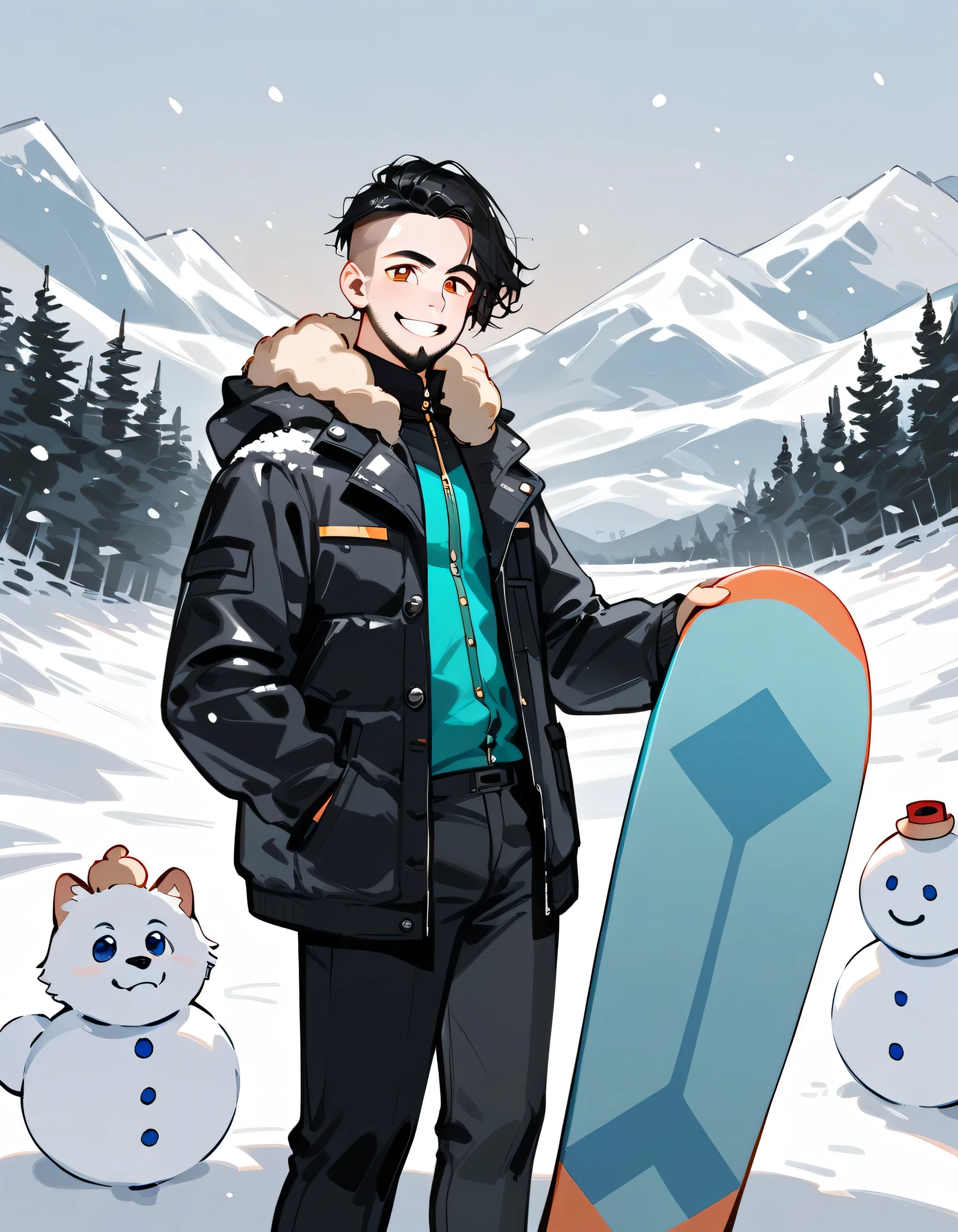 (((((with Pomeranian(dog)))))),(standing holding snowboard),portrait,snowboarder's suits and winter pants,(middle-man),40years old,(The face of an old man with dignity),man's eyes,man's nose,grin,(black short spiked hair),forehead,sidecut,undercut,beard,(manga style,sketch,best quality),snow mountain,ski resort, slalom,(((createe big snowman)))