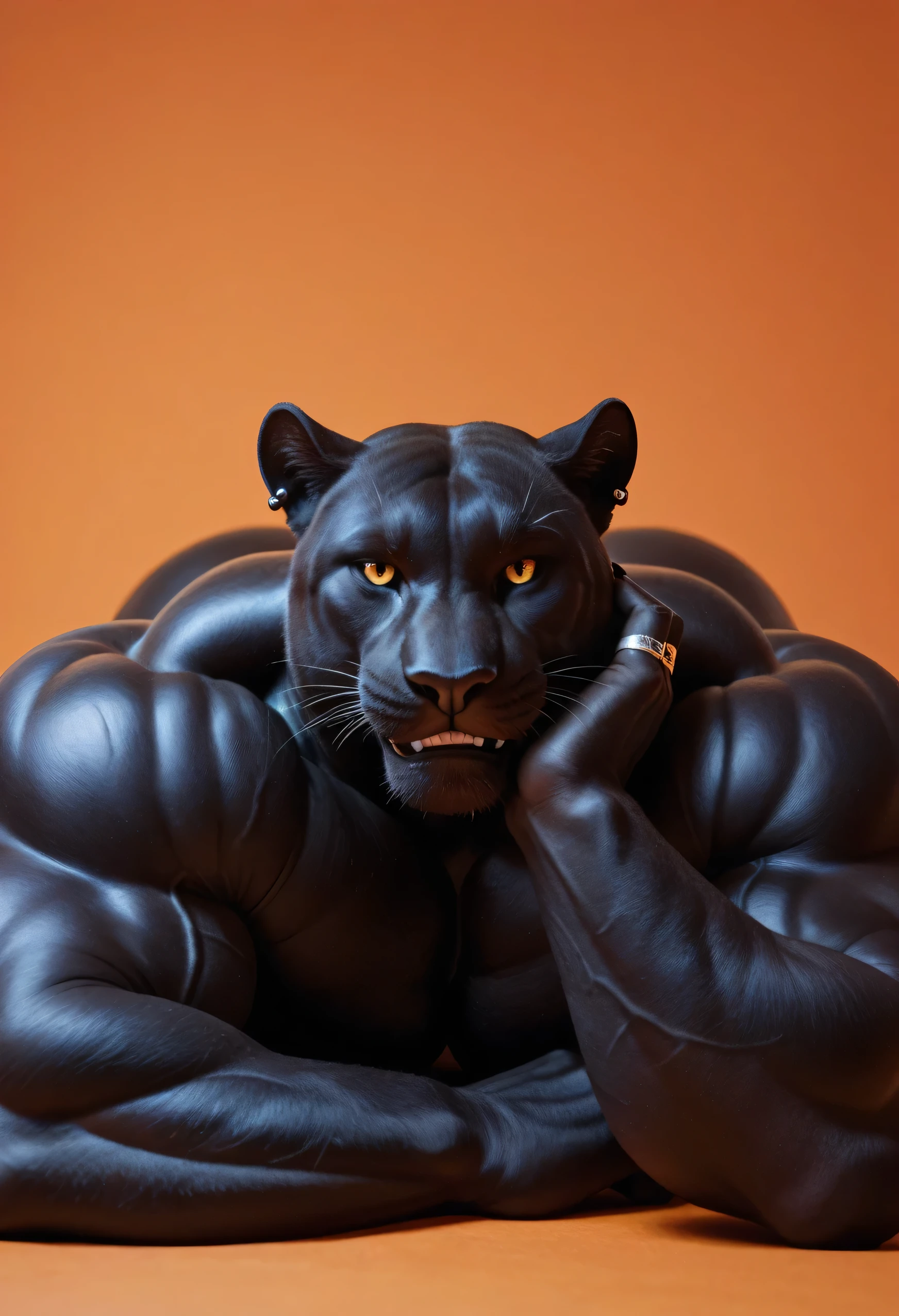 masterpiece, best quality, amazing quality, high quality, semi realistic, furry, 1boy, black panther, black body, huge muscle, Detail Bright Orange Eyes:1.4, Black Sclera:1.4, topless, naked, Nipple Piercings, ear piercings, rings, flesh-toned palms:1.5, black finger claws, simple background, solo, lying on stomach, front, hand on his own cheek, focus face, close up face, smug smirk