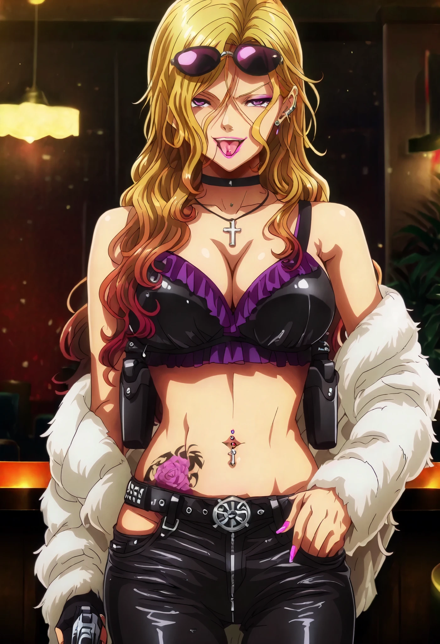 ((masterpiece)),(((best quality))),((ultra-detailed)),((illustration)),((disheveled hair)),((frills)),(1 girl),(solo), Rui \( Okusama no Kaifuku Jutsu\), blonde hair, long hair, purple eyes, lips, lipstick, makeup,mature,sexy, (anime coloring, anime screencap:1.2), 1girl,,, solo,, lipstick, nail polish, ear piercing, long hair, , lipstick, Hot girl, baddie, smoking, sensual, attractive ,choker, ,cross necklace, bar background, inside bar ,indoors, , casino, , fur jacket , shoulders , white fur , , , leather pants , dark brown , fur , side inserts , belt , weapon holder , weapon , fingerless gloves , leather , forearms , sword , short , strapped , belt , cowboy shot , masterpiece , best quality , highly detailed , a girls with a gun , evil smile , open mouth , gaze , badass pose , evil smile , smile , () , guns blazing , anime girl with long hair , beautiful long haired girl , navel , evil expression , exposed belly , exposed navel , exposed midriff , exposed lower belly , long black pants , cleavage , unbuttoned leather pants , open fly , low rise black leather pants , leather jacket , holding a gun , holding pistol , unbuttoned shirt , collared shirt , knot , pull_down leather pants , (show off panties , :1 . 2 , no panties) , pull_down long black pants , pull_down black leather pants , zip up leather jacket , top , navel piercing , cross-laced slit , tongue piercing , tongue out , open mouth , ,, , shoulder holster,, sunglasses on head, ,dragon tattoo on waist, narrowed eyes, tattoo on waist, anipai_style , anime screencap , anime coloring,, v-shape eyebrows,,