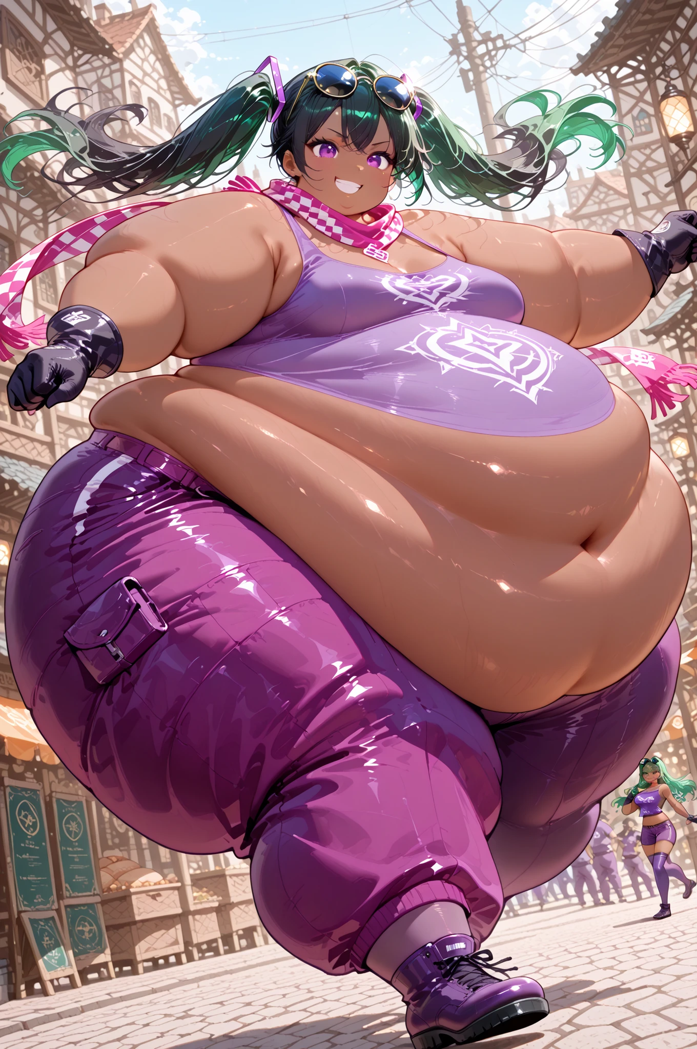 1girl,solo, masterpiece, best quality, sunglasses on head, gloves, scarf, purple pants, purple t-shirt,  shoulders,,lenalee, long hair, green hair, black hair, twintails, purple eyes, , dark skin, purple thighhighs,hyper fat, hyper obese, full body, smile, outdoors, town square, action pose, dynamic angle, fighting stance