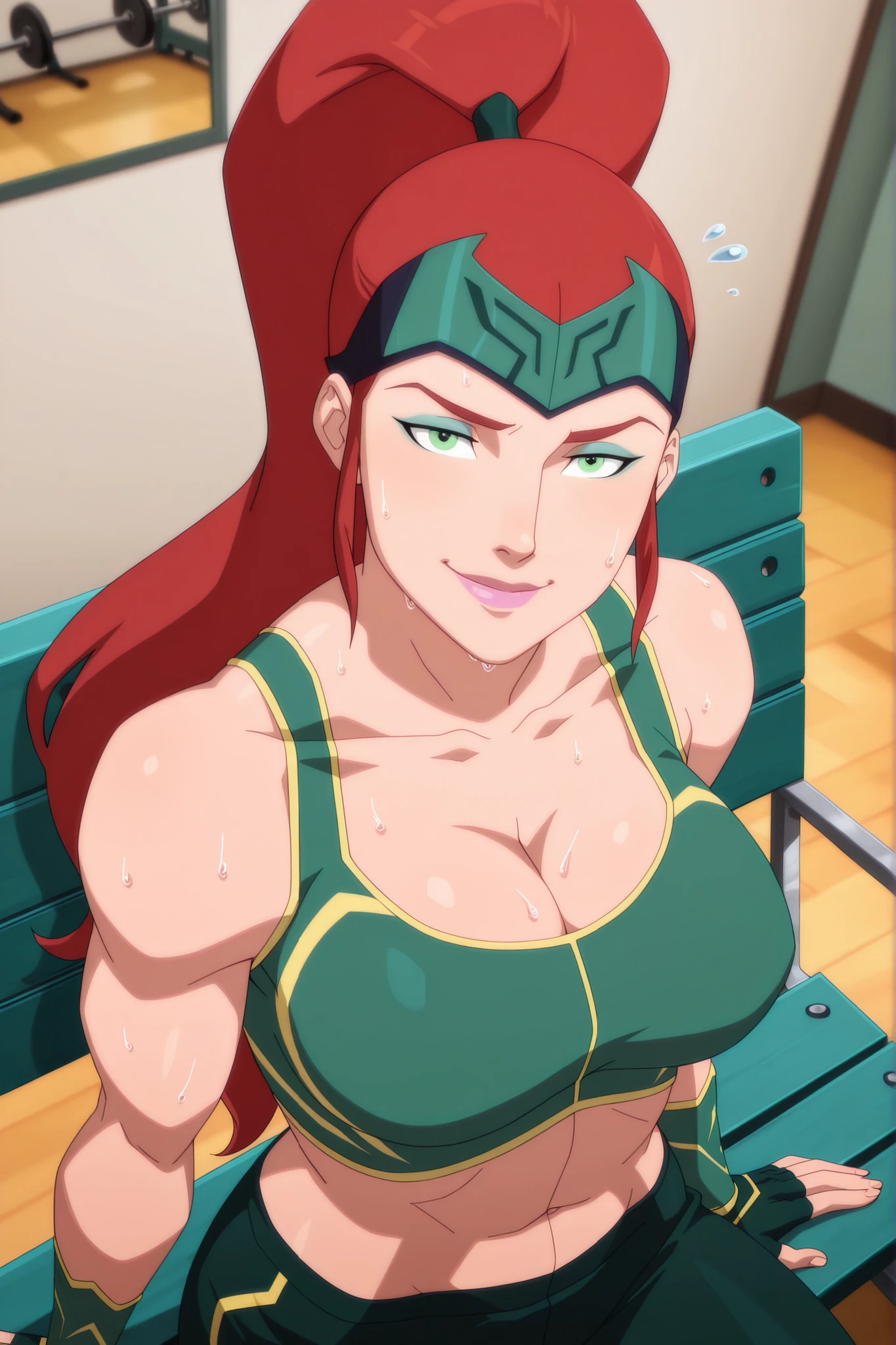BREAK, score_6_up, score_7_up, score_8_up, score_9, 1girl, solo, m3r4atl4nt1s, long hair, red hair, ponytail, green eyes, large breasts, cleavage, curvy, athletic, midriff, pink lipstick, makeup, looking at viewer, seducing viewer, teasing viewer, smile, closed mouth, seductive expression, bedroom eyes, busty, teal green sports bra, teal green gym shorts, teal green fingerless gloves, indoors, gym, sitting on bench, portrait, upper body, closeup, high-angle view, aqua blue eyeshadow, sweaty, sweat drops