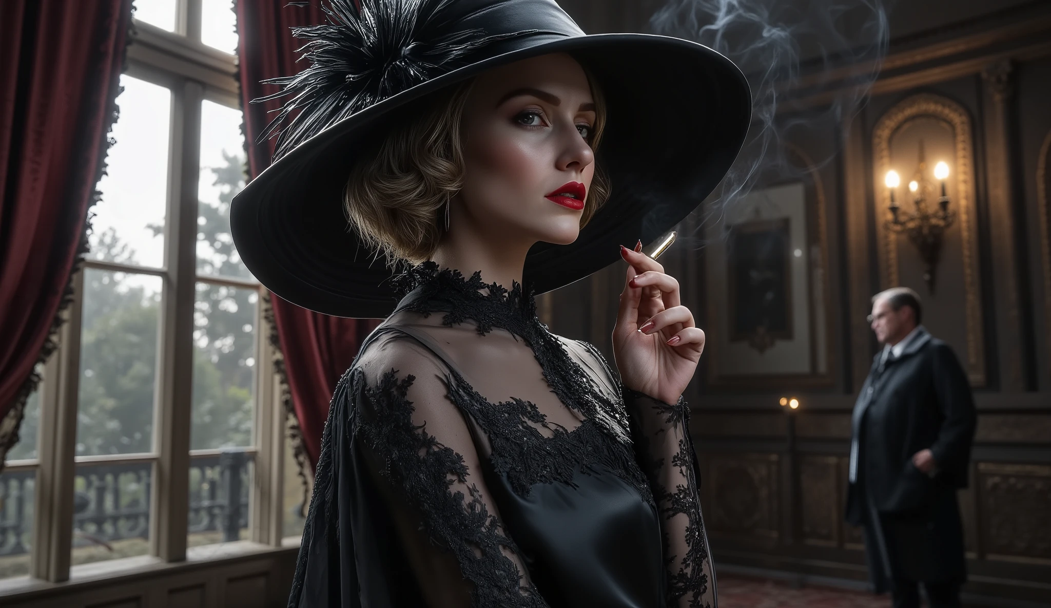 Inside a dimly lit, opulent but decaying mansion, the woman stands in focus near a tall window where faint moonlight filters through heavy velvet curtains. She wears a striking black satin dress with lace details and sheer sleeves, paired with a wide-brimmed black hat adorned with dark feathers. The soft glow of a nearby lamp highlights the sharp contrast of her red lips and pale skin, while a thin trail of smoke rises from the cigarette delicately held between her fingers. She looks outward with a confident yet wary expression, embodying both elegance and danger. In the distance, partially obscured by shadow, a man watches silently, his figure blurred and hidden, intensifying the atmosphere of secrecy and tension. Cinematic realism, high detail, dramatic contrast of light and shadow, intimate and suspenseful mood.
