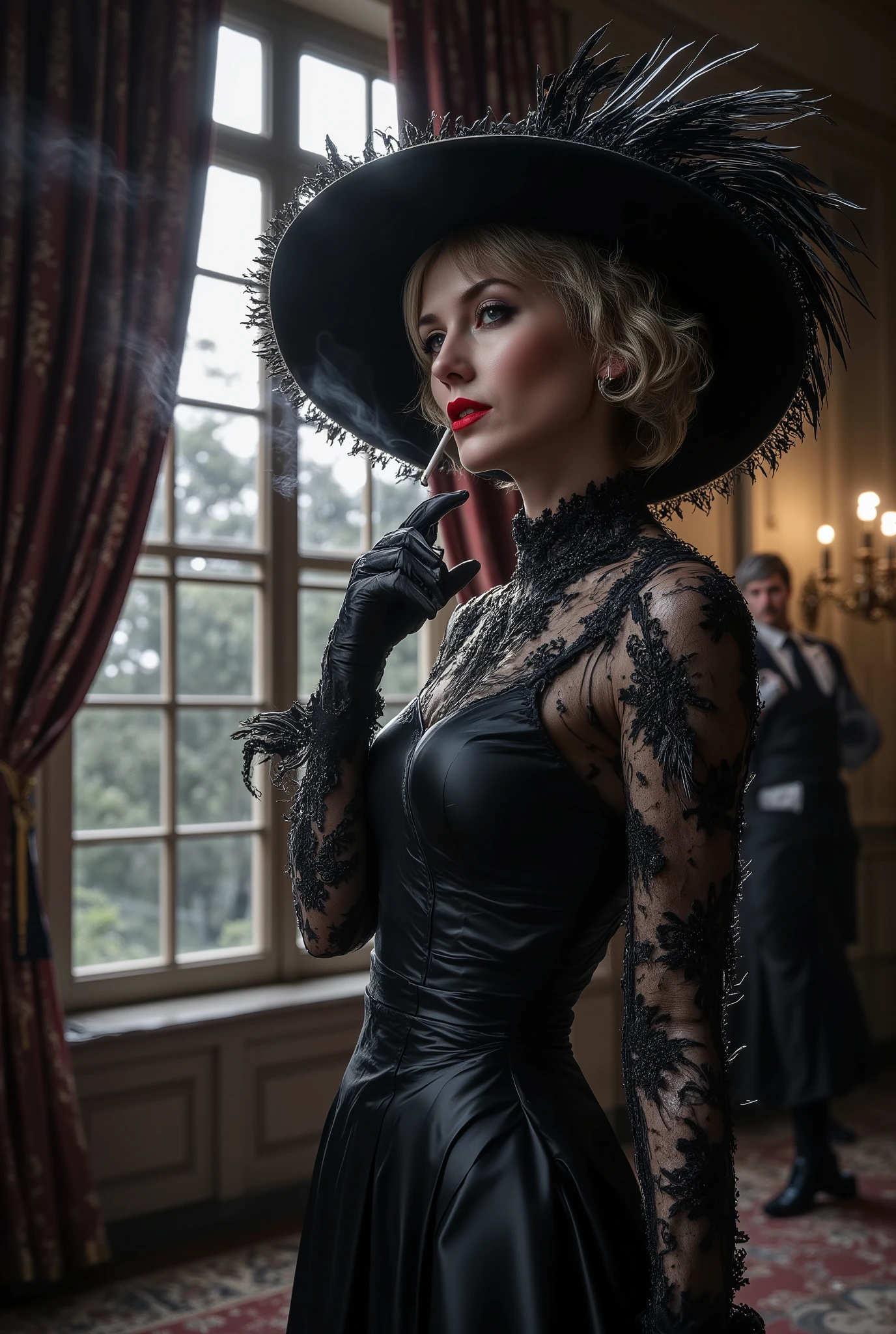 Inside a dimly lit, opulent but decaying mansion, the woman stands in focus near a tall window where faint moonlight filters through heavy velvet curtains. She wears a striking black satin dress with lace details and sheer sleeves, paired with a wide-brimmed black hat adorned with dark feathers. The soft glow of a nearby lamp highlights the sharp contrast of her red lips and pale skin, while a thin trail of smoke rises from the cigarette delicately held between her fingers. She looks outward with a confident yet wary expression, embodying both elegance and danger. In the distance, partially obscured by shadow, a man watches silently, his figure blurred and hidden, intensifying the atmosphere of secrecy and tension. Cinematic realism, high detail, dramatic contrast of light and shadow, intimate and suspenseful mood.