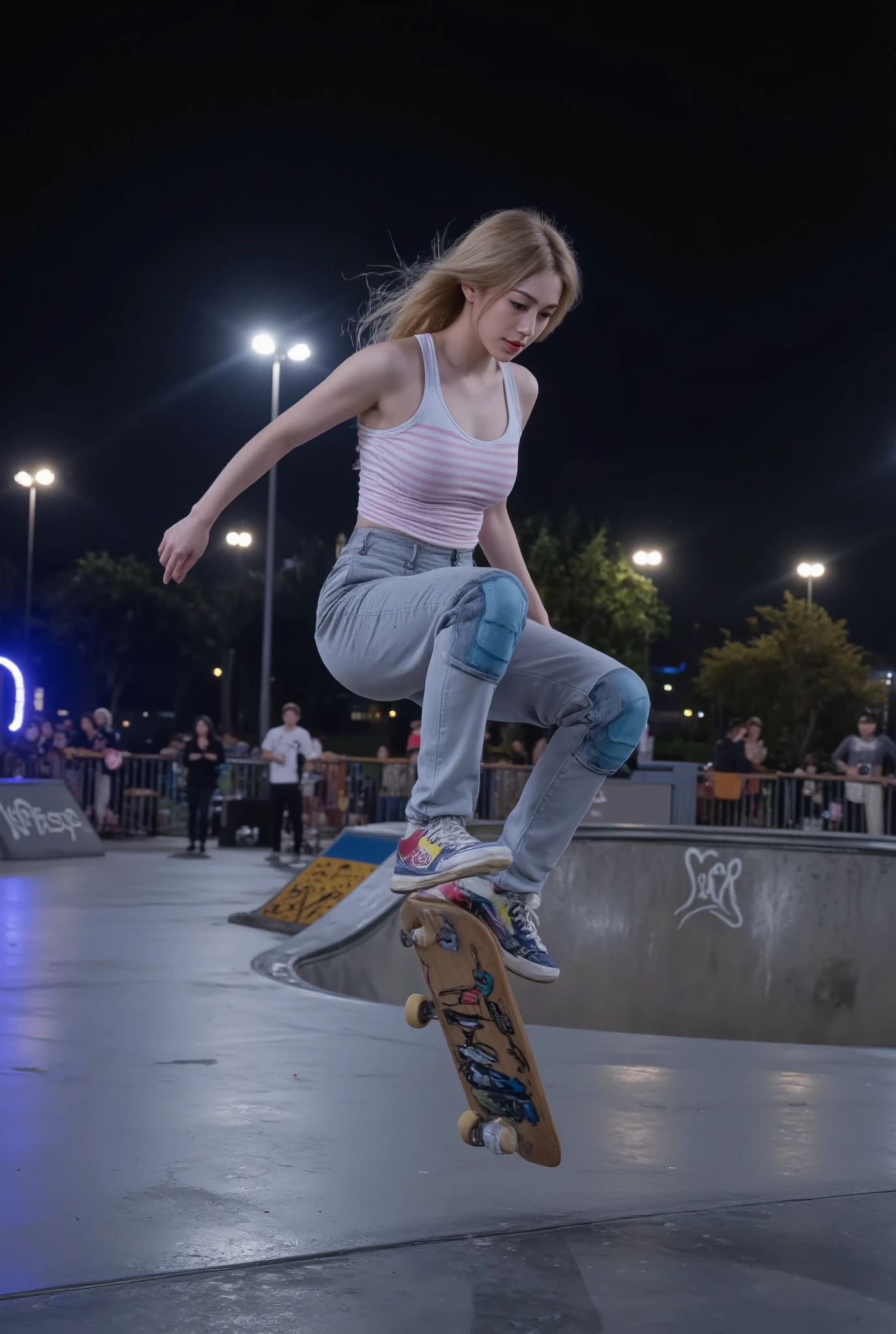 Cinematographic style, a nighttime street skate park, a very beautiful 26-year-old British blonde korean muscle woman with fair skin, wearing a white and pink striped athletic tank top, gray skate pants, colorful skate shoes, and light blue knee pads, captured in a full-body airborne twisting pose performing a mid-flip, both feet firmly on a real skateboard, showcasing strong core and arm dynamics, the wooden skateboard deck, cute graffiti, grip tape, non-slip surface, trucks, and wheels clearly visible, hair and clothes flowing in the wind, subtle sweat and halo effects glistening, neon lights flickering, with spectators cheering in the distance, best quality, ultra-high resolution, masterpiece, amazing quality, hyper-detailed, very aesthetic, precisely described shapes, detailed hands, anatomically correct, absolutely realistic, cinematic lighting, dramatic composition, professional color management, cinematic color grading, extremely intricate details.