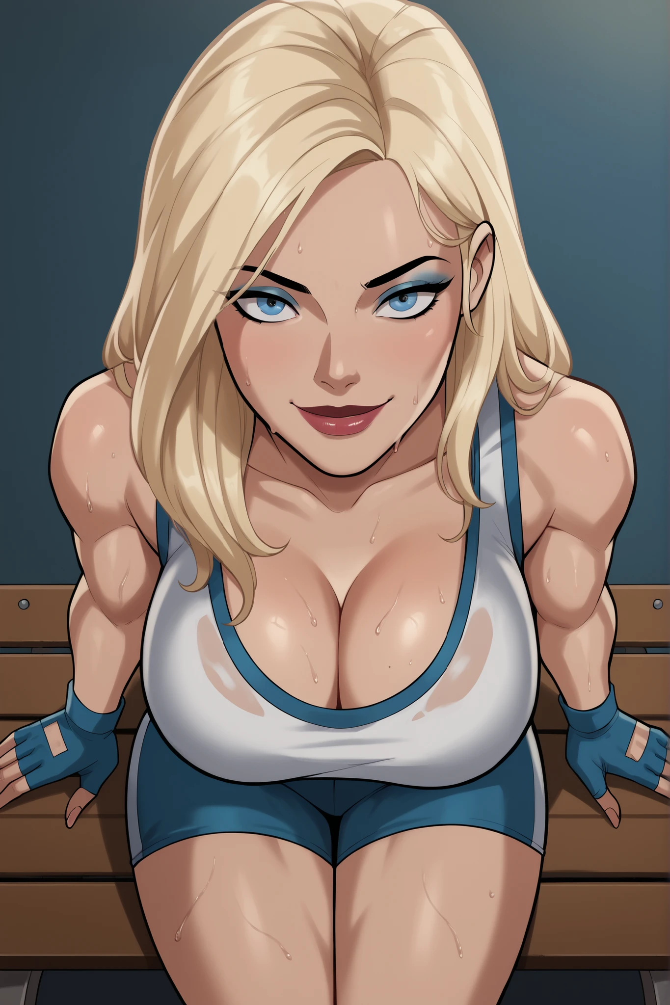 BREAK, safe_pos, score_6_up, score_7_up, score_8_up, score_9, 1girl, solo, blonde hair, long hair, blue eyes, large breasts, smile, closed mouth, makeup, lipstick, looking at viewer, cleavage, curvy, athletic, seductive expression, seducing viewer, teasing viewer, bedroom eyes, indoors, gym, busty, white sports bra, blue gym shorts, white fingerless gloves, sitting on bench, high-angle view, blue eyeshadow, closeup, portrait, upper body, muscular, sweaty, sweat drops