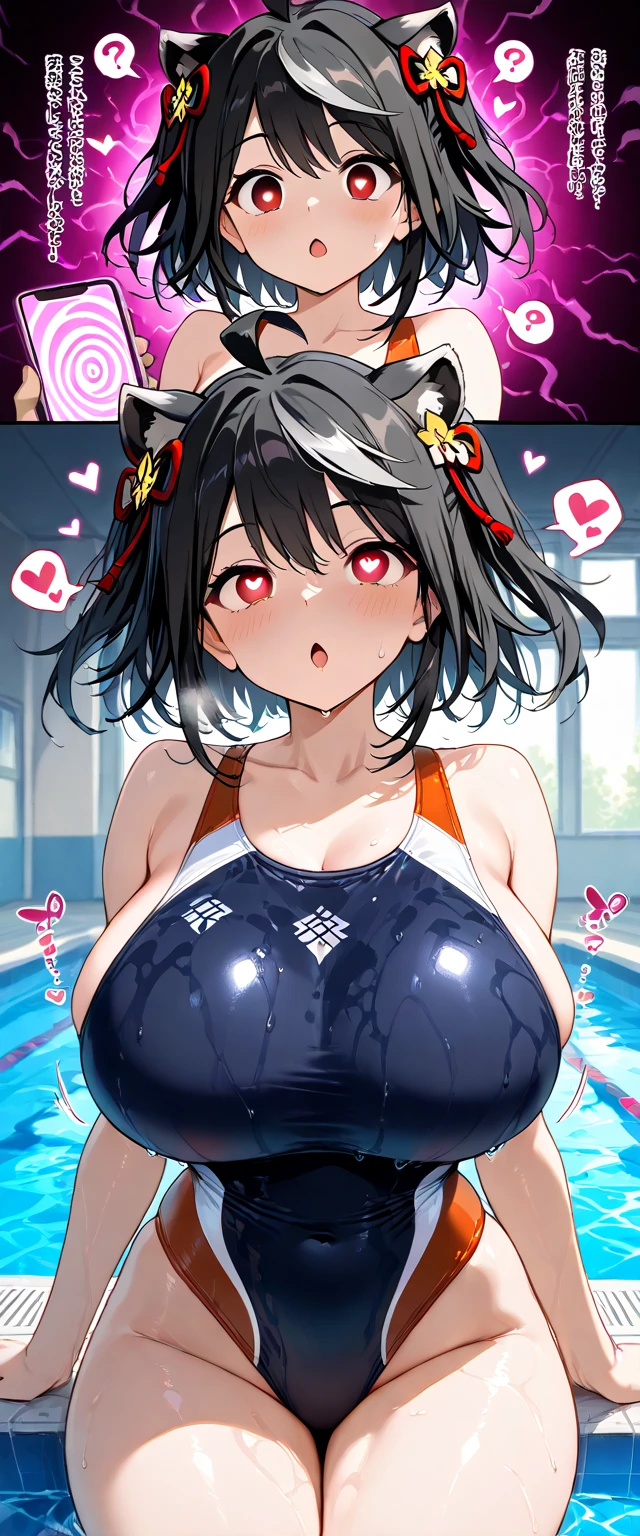 alone, One girl、Crown braids in the same color as your hair, hair ornaments, Hair Ribbon, (White and pink bikini),Red Eyes、Black Hair、、(blush:1.2)、C cup breasts、Poolside、(Dereru:1.4)、Splash、Wet