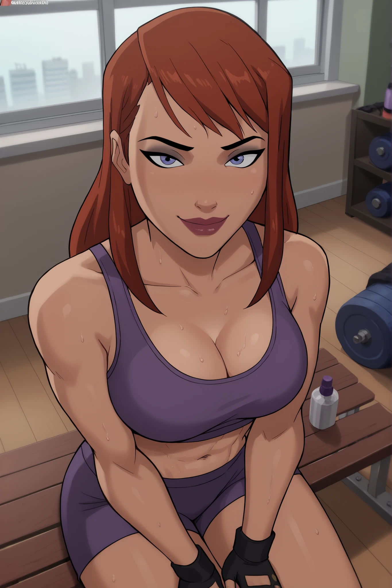 BREAK, score_6_up, score_9_up, score_8_up, score_7_up, 1girl, solo, barbara gordon, ginger hair, long hair, blue eyes, lipstick, makeup, large breasts, cleavage, curvy, athletic, busty, purple sports bra, purple gym shorts, yellow fingerless gloves, looking at viewer, seducing viewer, teasing viewer, smiling, closed mouth, seductive expression, bedroom eyes, indoors, gym, sitting on bench, best quality, high quality, portrait, upper body, closeup, high-angle view, black eyeshadow, sweaty, sweat drops
