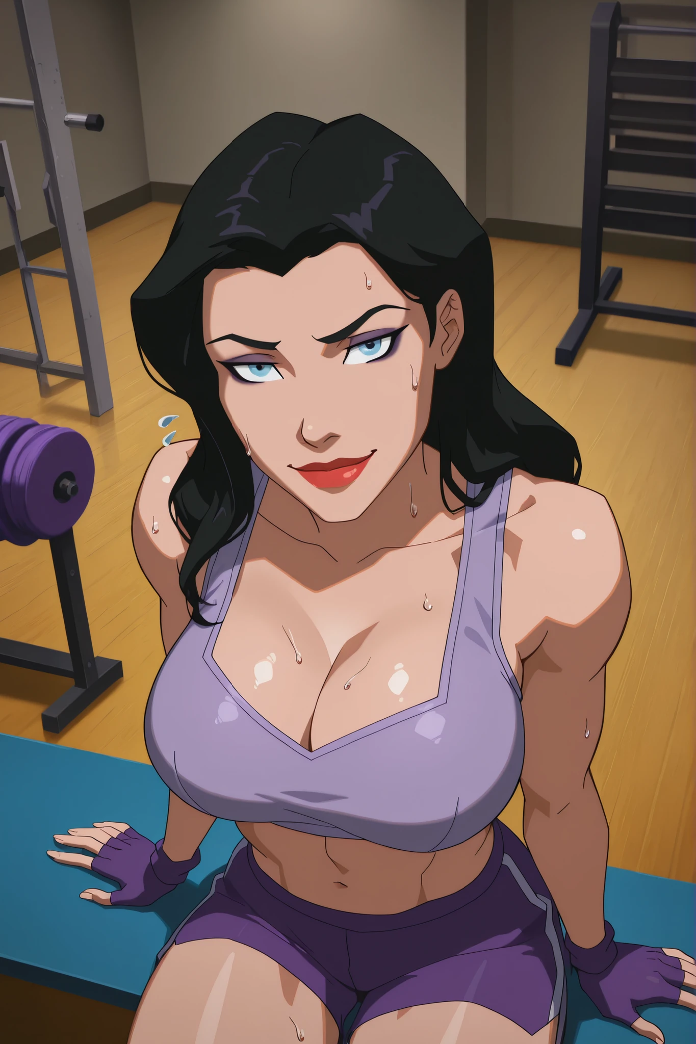 BREAK, score_6_up, score_7_up, score_8_up, score_9, zatannaYoungJustice, 1girl, solo, black hair, lipstick, blue eyes, makeup, red lips, long hair, large breasts, busty, cleavage, curvy, athletic, looking at viewer, seducing viewer, teasing viewer, seductive expression, smiling, closed mouth, bedroom eyes, lavender purple sports bra, lavender purple gym shorts, lavender purple fingerless gloves, indoors, gym, sitting on bench, closeup, portrait, upper body, high-angle view, dark purple eyeshadow, sweaty, sweat drops