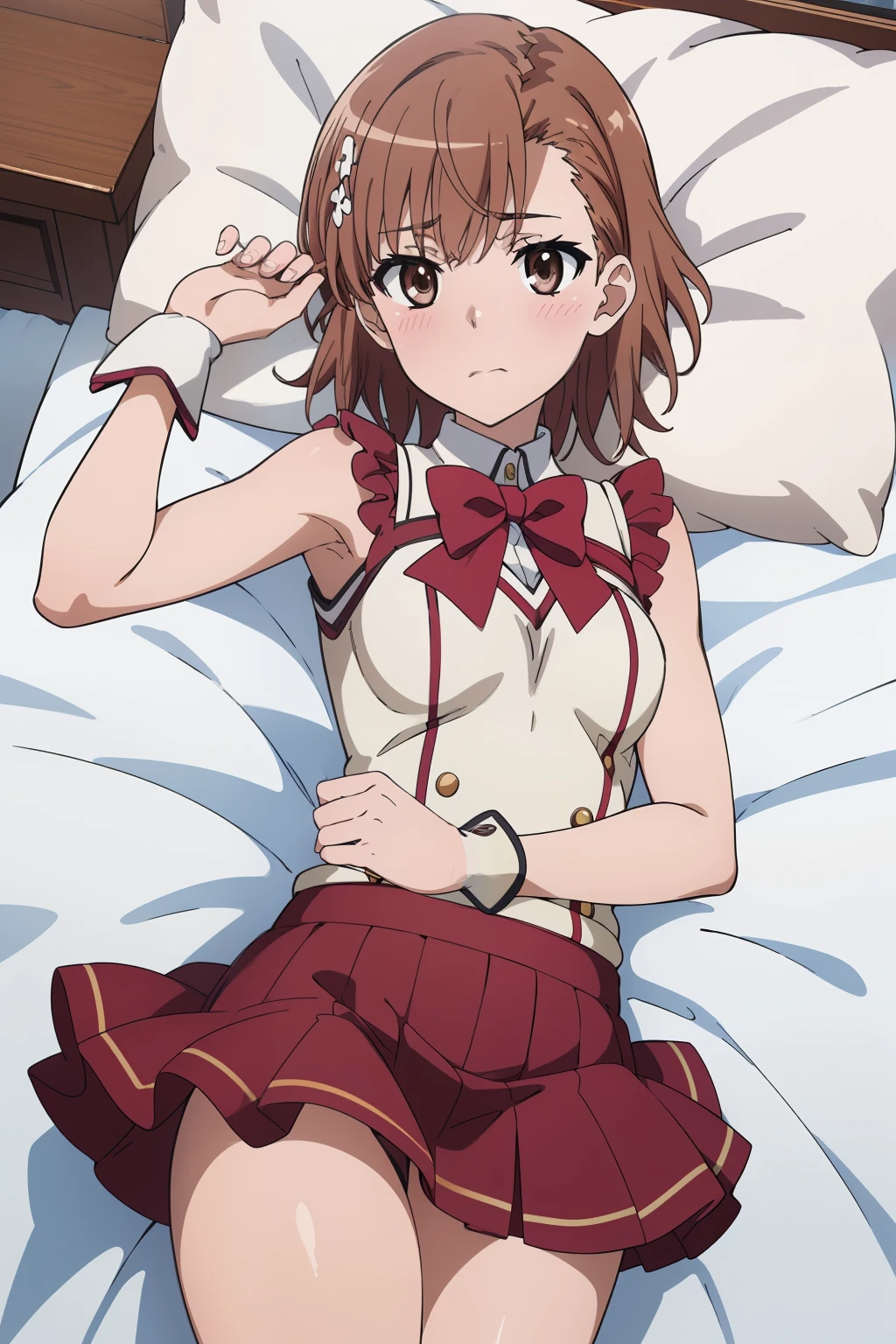 (masterpiece, best quality, high resolution, 8k:1.2), (anime coloring:1.4), (perfect character design:1.4), official art, highly detailed CG Unity 8K wallpaper, perfect face, perfect eye, perfect hair style, perfect body, beautiful body, beautiful skin, beautiful breasts, beautiful legs, beautiful hands, perfect hands, beautiful face, beautiful eyes, symmetrical eyes, slim body, (1 girl), (misaka mikoto, brown eyes), (small breasts), (brown hair, short hair, bangs, eyebrows visible through hair, hairpin), nffsw, (embarrassed expression, blushing), (dynamic sexy pose), ((magical girl costume:1.3), mini skirt, frills), (sleeping in bed, lying on back: 1.2), (looking at the viewer, blush:1.2), in the center of the image, (cowboy shot:1.2), dutch angle,