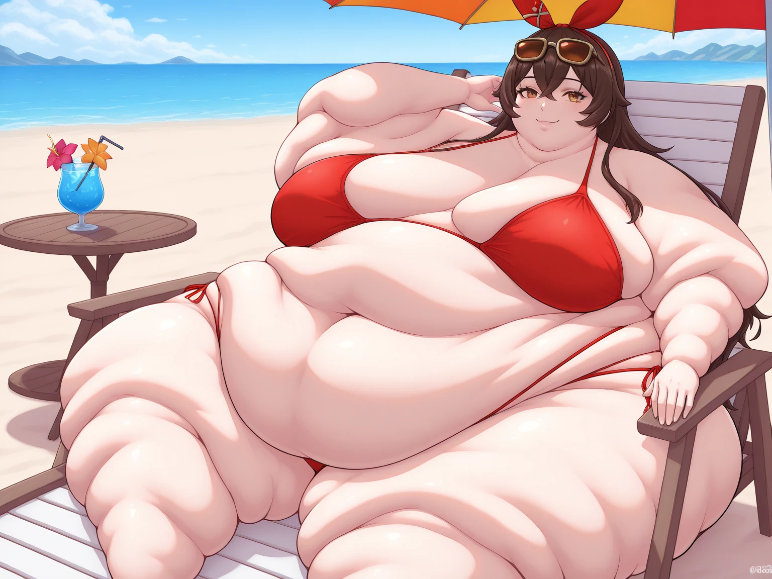 1 girl, , blushing, short black hair, black ??????, black heels, lying on the beach, SMILE, gorda, very fat, Morbid obesity, extreme obesity, obese, cara obese, very fat thighs, swollen fat legs, detailed perfect hands, big fat belly very swollen, obese weight, motionless fat woman, ssbbw, obese weight, still weight, WeightChubby, PesoObeso, WeightImmobile,