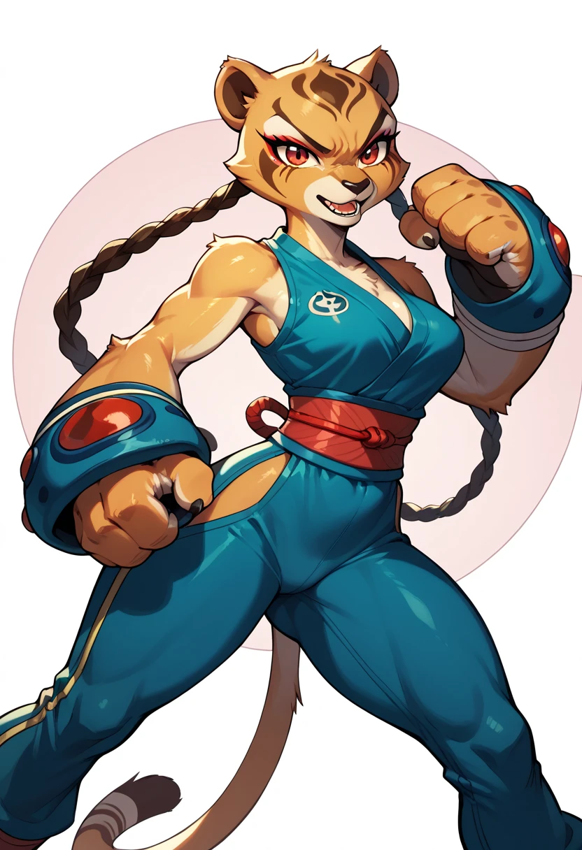 score_9, score_8_up, score_7_up, score_6_up, score_5_up, score_4_up, furry, a female werewolf dressed as Chun-Li, breasts, pelvic curtain, looking at viewer, standing, cowboy shot, twin buns, hair ribbons, torn clothing, claws, fangs, muscular, white background, simple background, hatching (texture), marker (medium), retro artstyle, <lora:j_lee_xmen-06:1>