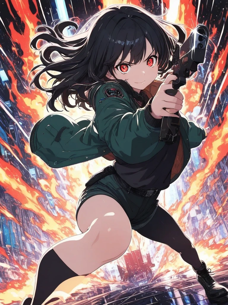 (masterpiece, best quality:1.2), hyper-pop poster style, bold crisp linework, high-saturation CMYK palette,
dynamic composition, cel-shaded coloring, vivid lighting, poster aesthetic,
halftone dots, clean gradient backdrop,
1girl, black hair, dynamic pose, jacket