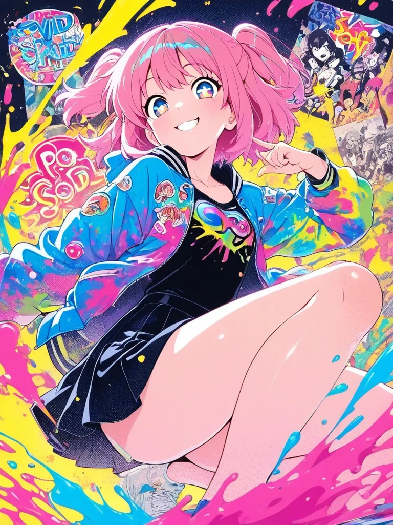 (masterpiece , best quality , clean cel-shaded anime illustration , bold crisp lines , high-saturation CMYK palette) , energetic anime girl with pink hair and bright eyes , playful smile , wearing stylish jacket and skirt , dynamic composition with halftone dots , sticker clutter , splash paint , vivid lighting , poster aesthetic , pop-art vibe