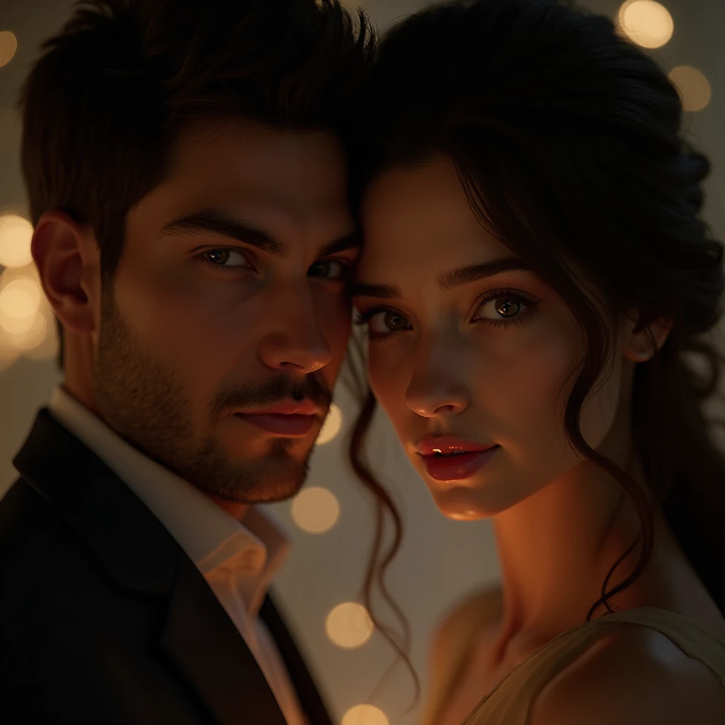 Night scene on the terrace of the mansion. Isabela, 25 years old, has wavy brown hair down to her shoulders, large honey-colored eyes, fair skin with delicate features. She wears black and white maid's clothes, she is naturally very beautiful. Realistic human image of very high resolution and definition. 8k quality. She is alone, looking at the stars. Leonardo, 35 years old, tall, athletic body, dark and medium hair, slightly messy, well-groomed beard, blue eyes. He wears Italian suits, a luxury watch, always impeccable. Realistic human image of very high resolution and definition. 8k quality.
He appears behind her and offers a coat, placing it on her shoulders. The two stand side by side, in silence, with the city in the background and the tension visible between them.
Realistic human image in very high resolution and definition, ultra HD image. 8k quality.