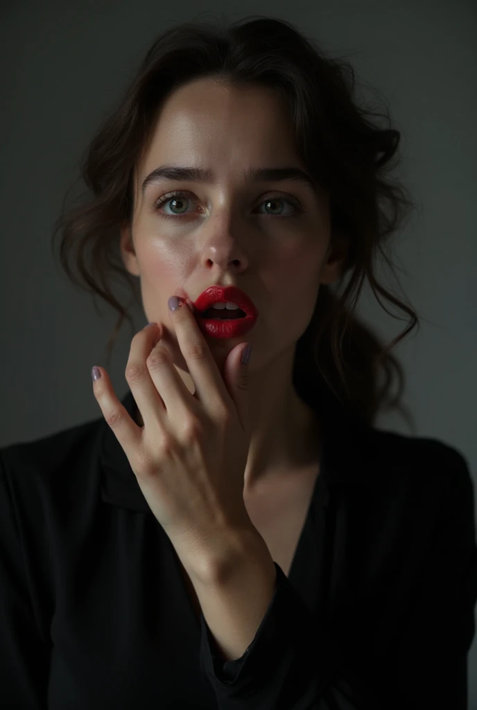 (RAW photo, best quality, masterpiece: 1.2), (photorealistic: 1.4), (Polish girl, 20 years old, black hair, Eyes closed, short bob cut, hair in 7 thirds, hair over one ear, solo, Detailed Skin, rip gloss, blush:1.1), Bright red lips, slightly upturned face, large pearl necklace, wet hair, white background, close-up of face, , cinematic lighting, grin, covering face with hands