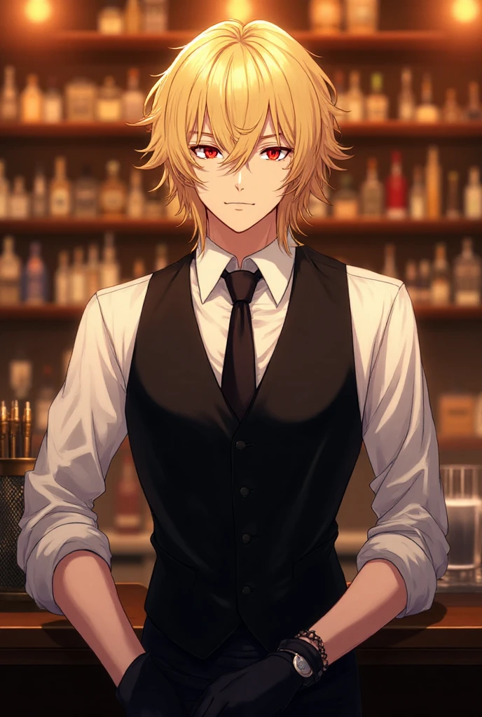 masutepiece, Best Quality, Ultra-detailed, Extremely detailed, 4K, 8K, Best Quality, Beautiful, Pixel dots, a bar counter, a handsome man, man, Solo, Suit, beautiful yellow hair, Beautiful black eyes, Beautiful eyes, wine glasses, wining, Triumphant look, smug look, self-satisfied look,Pac-Man、