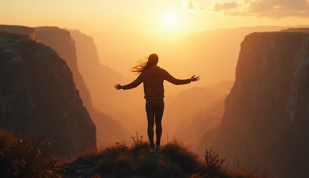 A person standing at the edge of a cliff at sunrise, arms open wide ...
