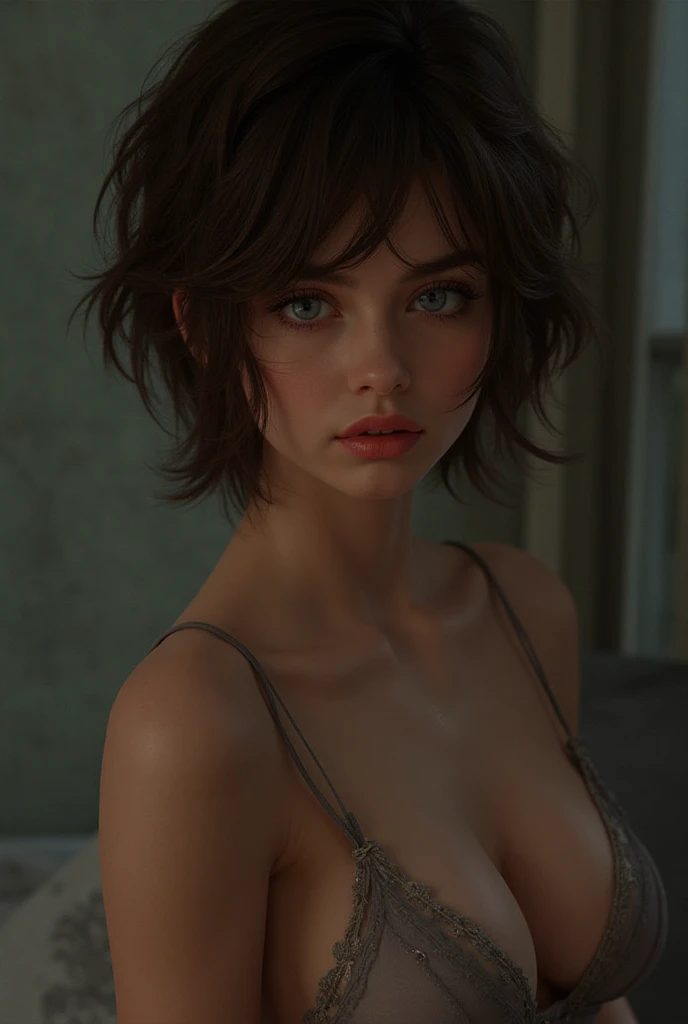 illustration, style of Philip Lorca diCorcia, cinematic film still portrait of young girl aged 18 yrs old, 1girl, solo, Instagram model, athletic figure, deep cleavage, modest bust size, pretty face, wearing a black ??????, light brown hair, short curly hair, crossed bangs, brown eyes, constricted pupils, hair ribbon, hoop earrings, cinematic lighting, Ultra-Wide Angle, Canon, Hyperrealism, UHD, masterpiece, textured skin, high details, best quality, detailed eyes, detailed iris, close up view