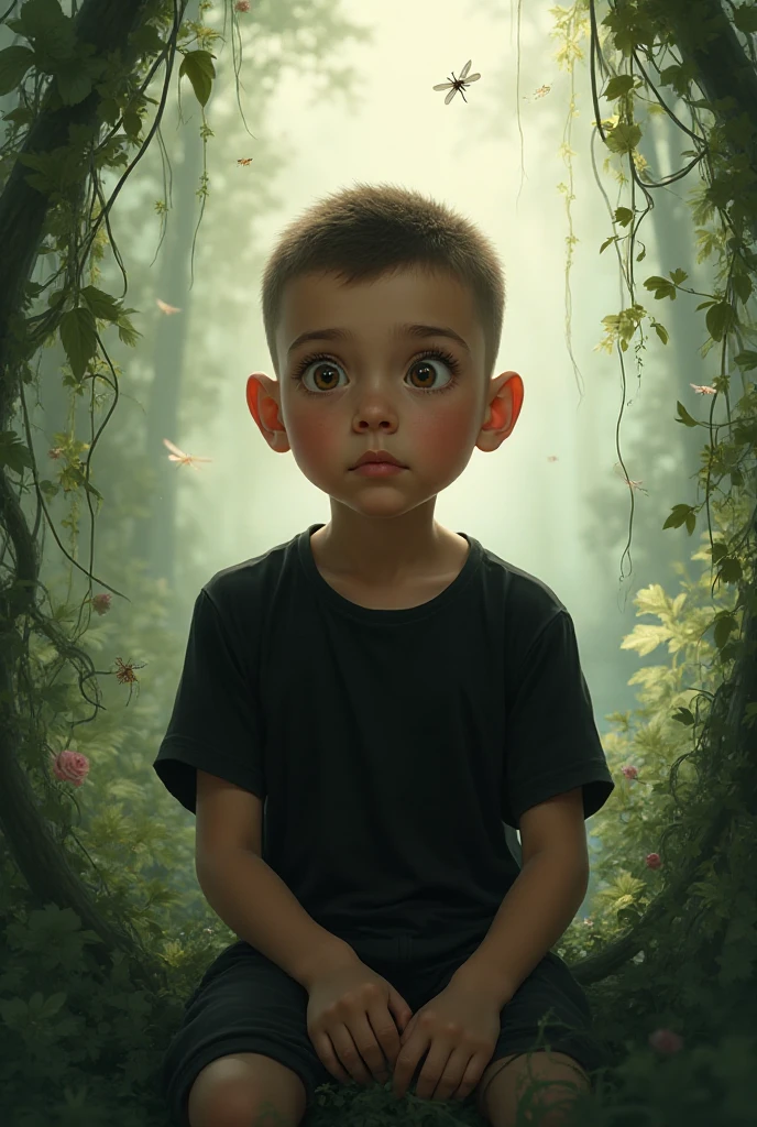 little boy crying.  lost in the forest
