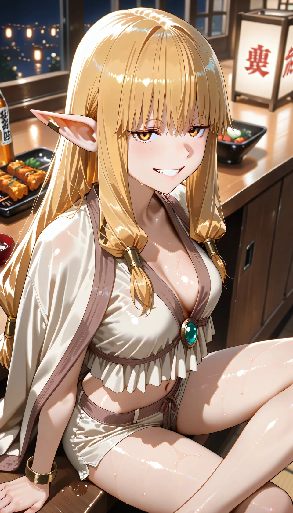 (from side:1.2), (from above:1.2), Looking up, looking at viewer, 　(sitting cross-legged:1.5),　smiling showing teeth, grin, traditional Japanese izakaya, inside, night. wooden counter, lit by paper lanterns, and handwritten menus and sake labels on the walls, On the table are dishes such as yakitori, edamame, sashimi, and tempura, and beer and sake. customers are several office workers and friends chatting away in a lively atmosphere. There is a small TV, Japanese-style decorations, and a noren curtain. Warm lighting, ((best quality)), ((masterpiece)), high resolution, sharp focus, (ultra detailed, highly detailed), (highly detailed CG unity 8k wallpaper), (((vibrant colors))), {best illustration}, (source anime), shiny body, plastic glitter skin, lustful skin, (oily skin), (glistening skin:1.2), Detailed skin, ((complete anatomy)), 5 fingers, perfect fingers, 1Girl, Suchwet, selie, 1girl, anime coloring, long hair, blonde hair, pointy ears, earrings, yellow eyes, tsurime, hair tube, low-tied sidelocks, Sitting at the counter, robe on shoulders, white robe, bracelet, selie shirt, shorts, navel, medium breasts,