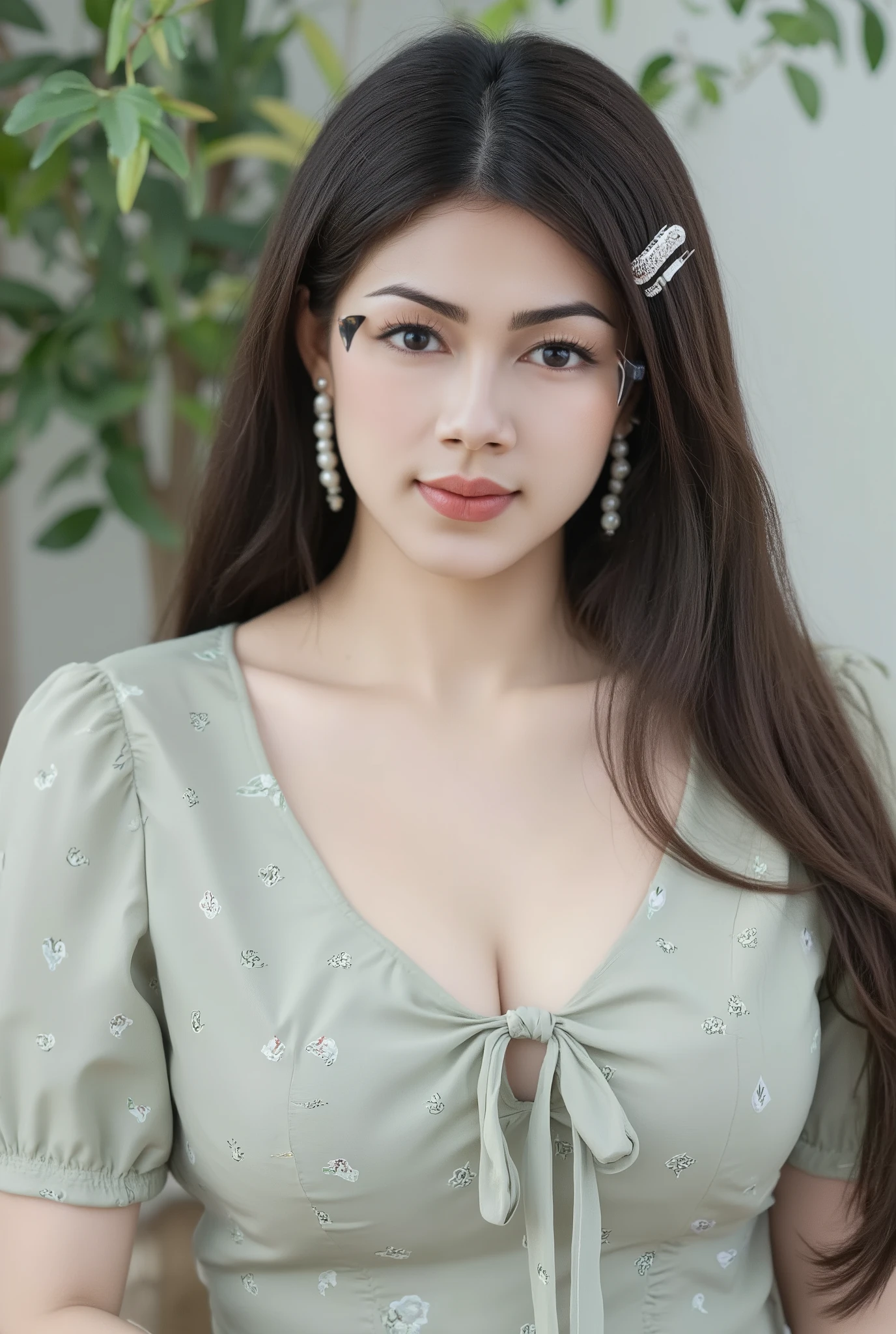 This picture is a close-up aside portrait of a muscle korean woman have huge chest and large curve plump cleavage who appears to be indoors, possibly at a cafe or a similarly well-lit setting. The woman has **short, dark brown hair** that is parted slightly to the side. A decorative **pearl hair clip** is positioned on the right side of her head, pulling back some of the hair from her face. She is wearing **thin-rimmed, square-to-round glasses** with a dark frame. Her makeup is subtle, featuring a **soft coral or terracotta lip color** and light blush. She is looking slightly down and to her left, with a gentle, pleasant happy vibes ** beauty smile** open mouth showing teeth on her face. She is wearing a **light grey-green or taupe blouse** with a **small, repetitive floral or leaf print** in a darker color on her muscle body ( huge breast , large curve plump cleavage visible) . The blouse has a **high neckline** finished with a **pussy-bow tie** detail that is loosely knotted at her neck. The background is **softly out of focus (bokeh)**. Immediately behind her, there is **green foliage**, which appears to be **olive branches** or a similar leafy plant, suggesting a natural or cozy, plant-filled environment. The lighting is **soft and natural**, illuminating her face brightly and creating a warm, inviting atmosphere. The overall mood is relaxed and charming.