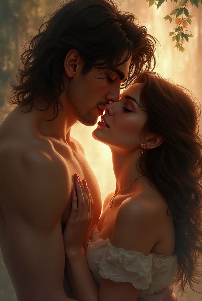 Two young people who are in love with each other have locked their eyes with each other and have touching foreheads. The man is muscular and lean with an  and white shorts. The woman is beautiful and is wearing a white sweetheart georgette gown. Full body photo with beach background and sun in the sky with scattered clouds in between.