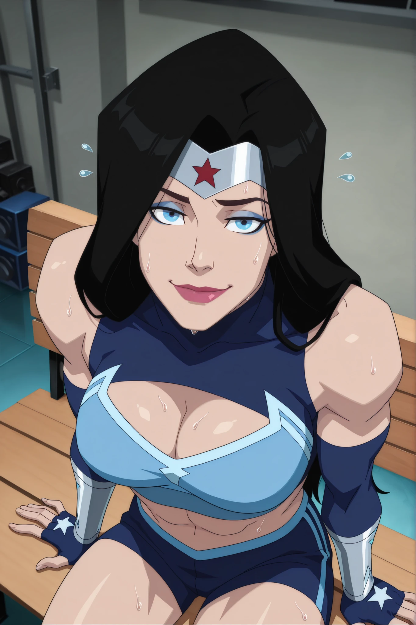 BREAK, score_6_up, score_7_up, score_8_up, score_9, 1girl, solo, long hair, blue eyes, black hair, bare shoulders, blue eyes, muscular female, midriff, bare shoulders, lipstick, makeup, wwBl00d, large breasts, busty, cleavage, curvy, athletic, looking at viewer, seducing viewer, teasing viewer, seductive expression, smiling, closed mouth, bedroom eyes, blue sports bra, blue gym shorts, blue fingerless gloves, indoors, gym, sitting on bench, closeup, portrait, upper body, high-angle view, blue eyeshadow, sweaty, sweat drops