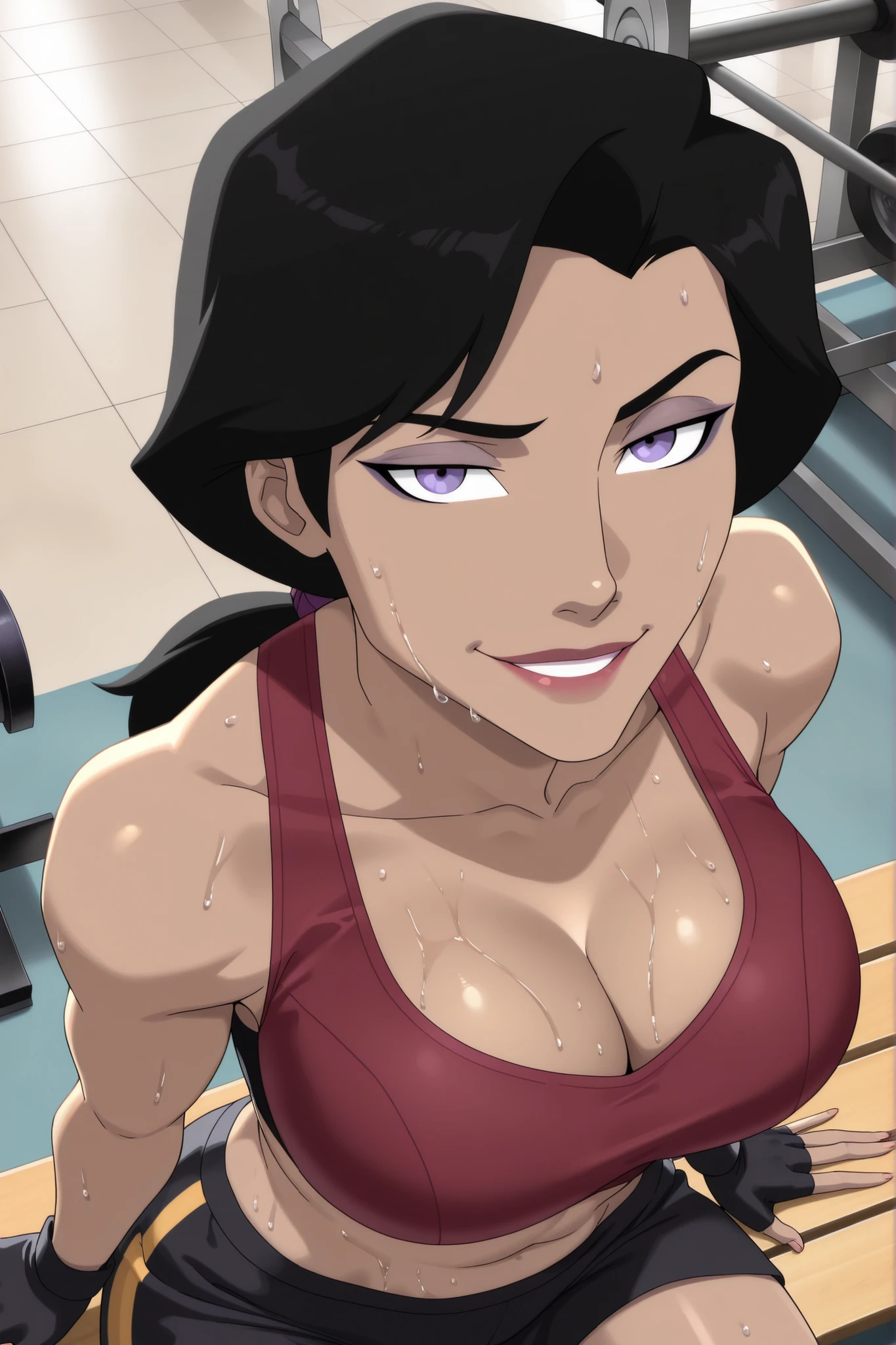 ((parody), perfect anatomy, perfect eyes) BREAK lois lane, black hair, ponytail, purple eyes, lipstick, makeup, ((looking at viewer)), large breasts, busty, cleavage, curvy, athletic, red sports bra, black gym shorts, red fingerless gloves, teasing viewer, seducing viewer, gym, indoors, sitting on bench, closeup, portrait, smiling, seductive expression, bedroom eyes, upper body, portrait, closeup, high-angle view, dark purple eyeshadow, sweaty, sweat drops