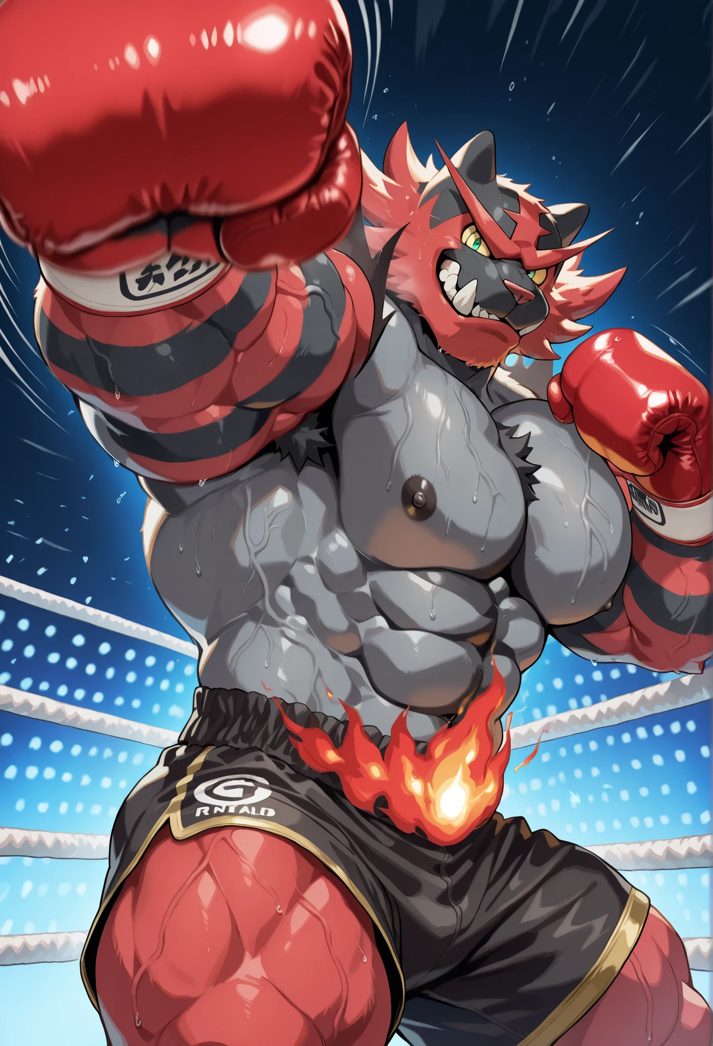 Realistic like a real photo style, pov_boxing, Incineroar strengthful predator Pokemon heavy wait boxing champion, thick armpits, fiercely barrage of punching_the_viewer, foreshortening, motion blur, red boxing gloves, black boxing shorts with gold side lines, depth of field, extreme perspective, extreme closeup, closeup, action shot, boxing, delivering a devastating punch, motion lines, impact lines, ferocious devastating punching viewers, throws a devastating punching and knock out the viewer, devastating punching the viewers cheek, boxing ring background, furry male, heavy muscular, very strong muscular arms with prominent veins, looking at viewer, brutal and sadistic expression, sadistic and brutal sharp eyes, thick veiny large pectorals, wearing red boxing gloves, burning fighting spirit, sweaty body, The moment of the devastating punch, The impact of a devastating punch, very strong muscular arms with prominent veins, The mercilessly figure of a ferocious predator