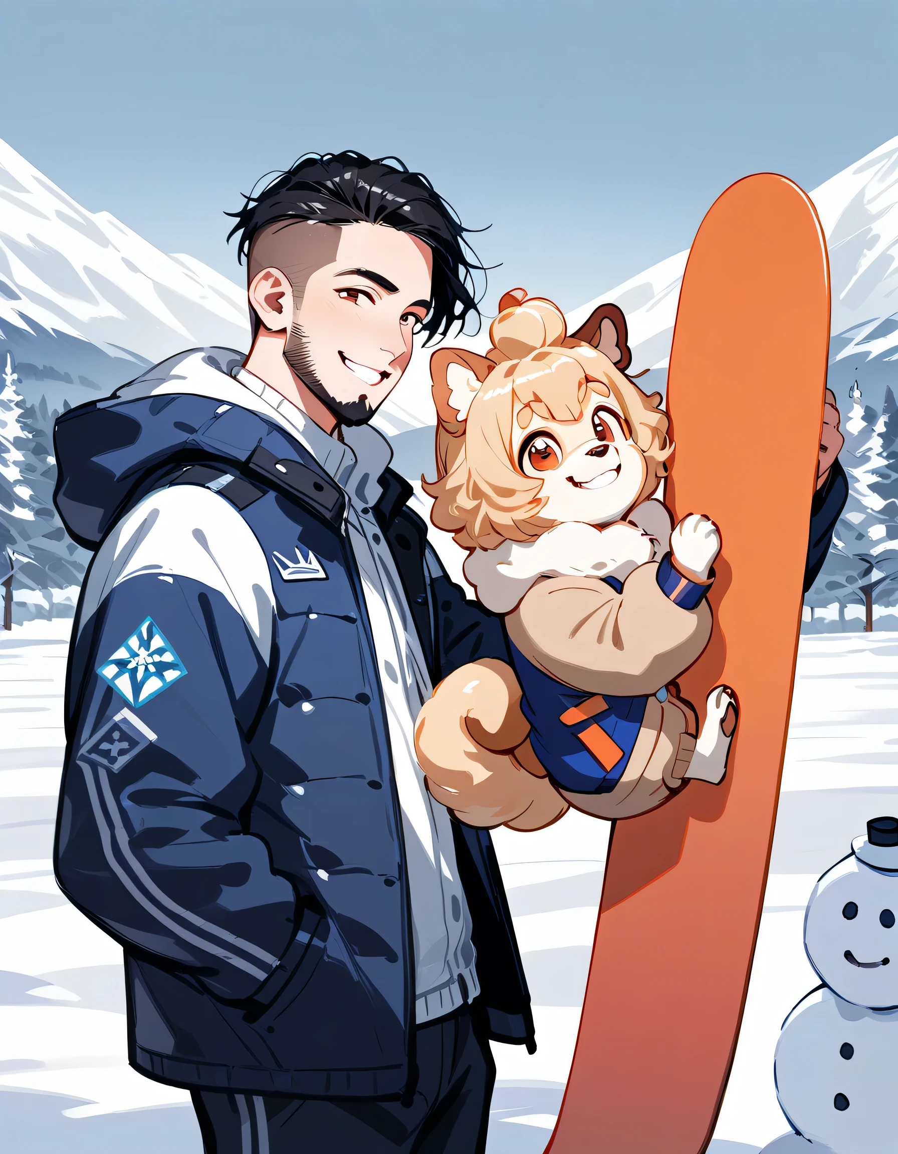 (((((with Pomeranian(dog)))))),(standing holding snowboard),portrait,snowboarder's suits and winter pants,(middle-man),40years old,(The face of an old man with dignity),man's eyes,man's nose,grin,(black short spiked hair),forehead,sidecut,undercut,beard,(manga style,sketch,best quality),snow mountain,ski resort, slalom,(((createe big snowman)))