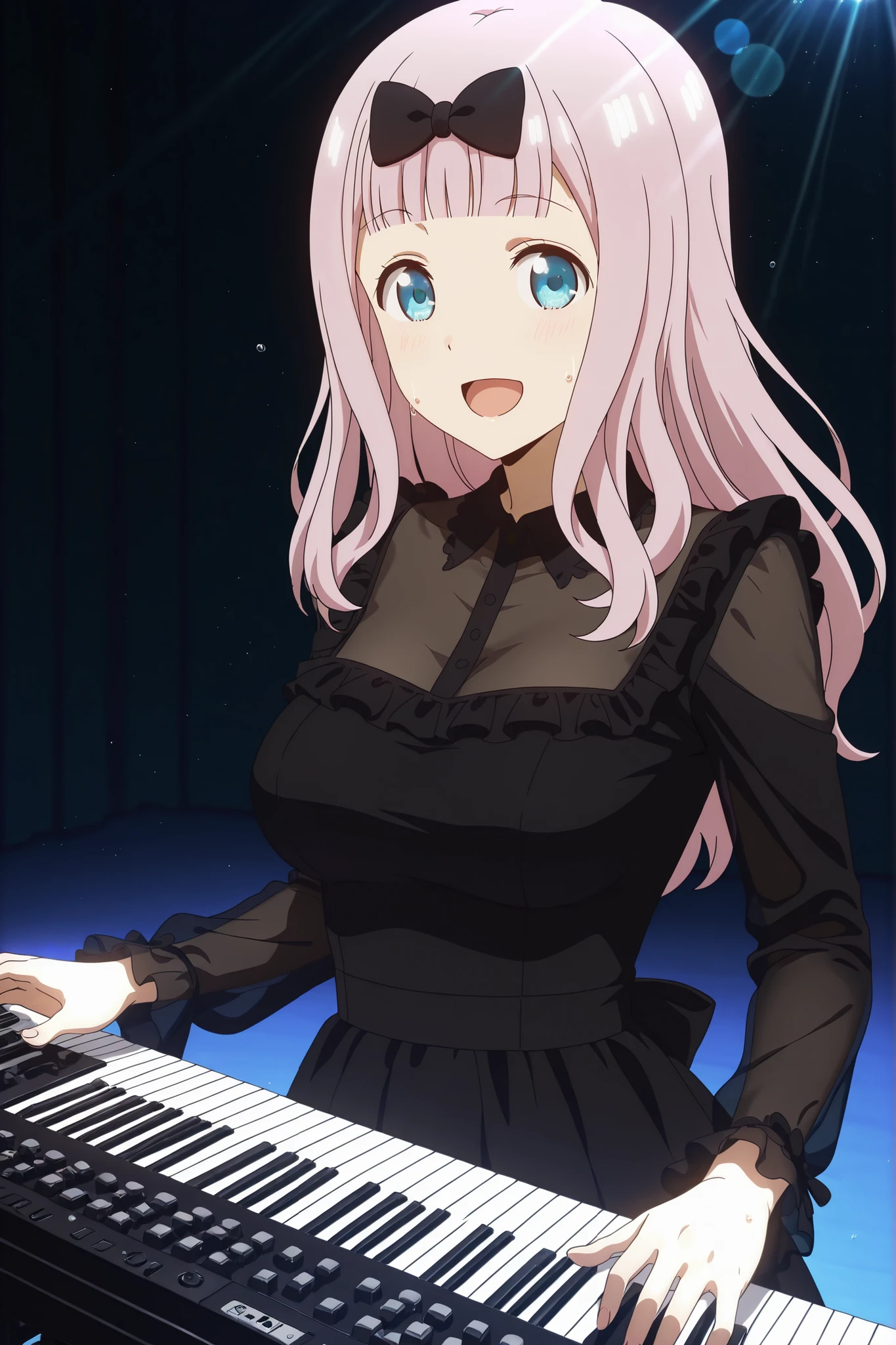 8K,HDR,best quality, high quality,amazing quality,highly detailed,ultra detailed,high resolution, absurdres, newest,(anime screencap:1),(anime coloring:1),(anime style:1),perfect eyes,detail1eye,well-defined fingers,(perfect :1), (perfect fingers,5 fingers:1),upper body,dynamic angle,

BREAK 
((1girl,solo)),chika fujiwara, fujiwara chika, long hair, bangs, blue eyes, bow, pink hair, hair bow, blunt bangs, black bow, mature female, , anime screencap,

BREAK 
mgm dress, gothic, black dress, see-through, frills,

BREAK 
happy,open mouth, smile,joyful,

BREAK
looking at viewer,
playing instrument, (playing synthesizer:1.4),
(keyboardist:1.5), synthesizer,dynamic pose, sweat,

BREAK 
indoors, live stage, blue spotlights, purple spotlights, dynamic lighting, glowing in the dark background, lens flare,