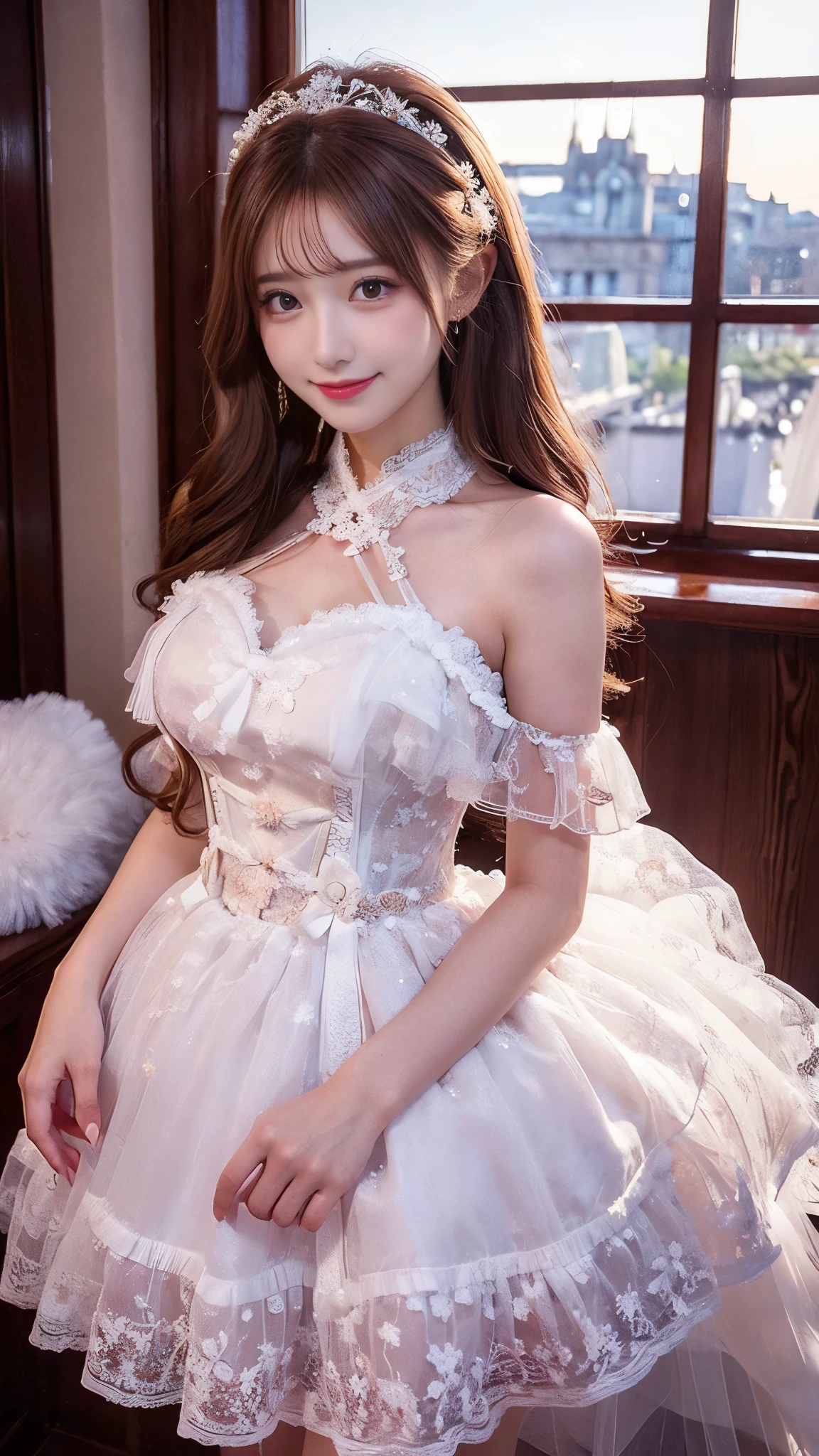 pretty woman , Chestnut hair , beautiful eyes , Smile, actual , Full HD, very beautiful dress ,White Lolita , Fluffy Dress , Curved Body,Magnificent views , gorgeous decoration ,Long gown,