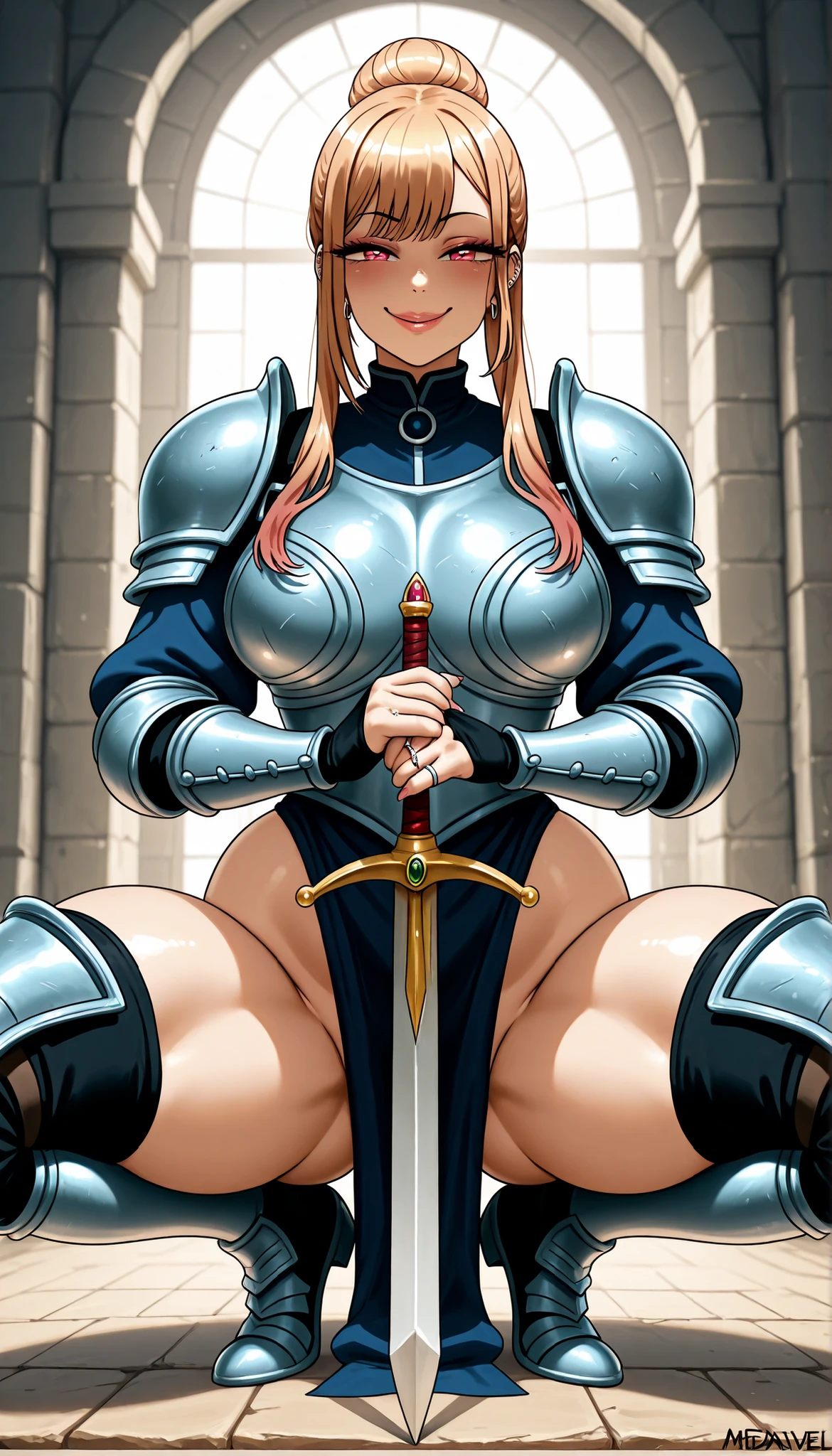 1woman, mature, from front, marin kitagawa, my dress up darling, wearing female armour, round , curvy, large , thick muscular thighs, wide curvy , voluptuous body, Curvy body, thicc woman, smilling, lips,  face, smug, medium shot,  pose, looking at viewer, fully clothed, solo, Isekai, Adventurer, Mediaeval time, fantasy world, squatting, carrying sword, hair bun, married woman, marriage ring on finger,