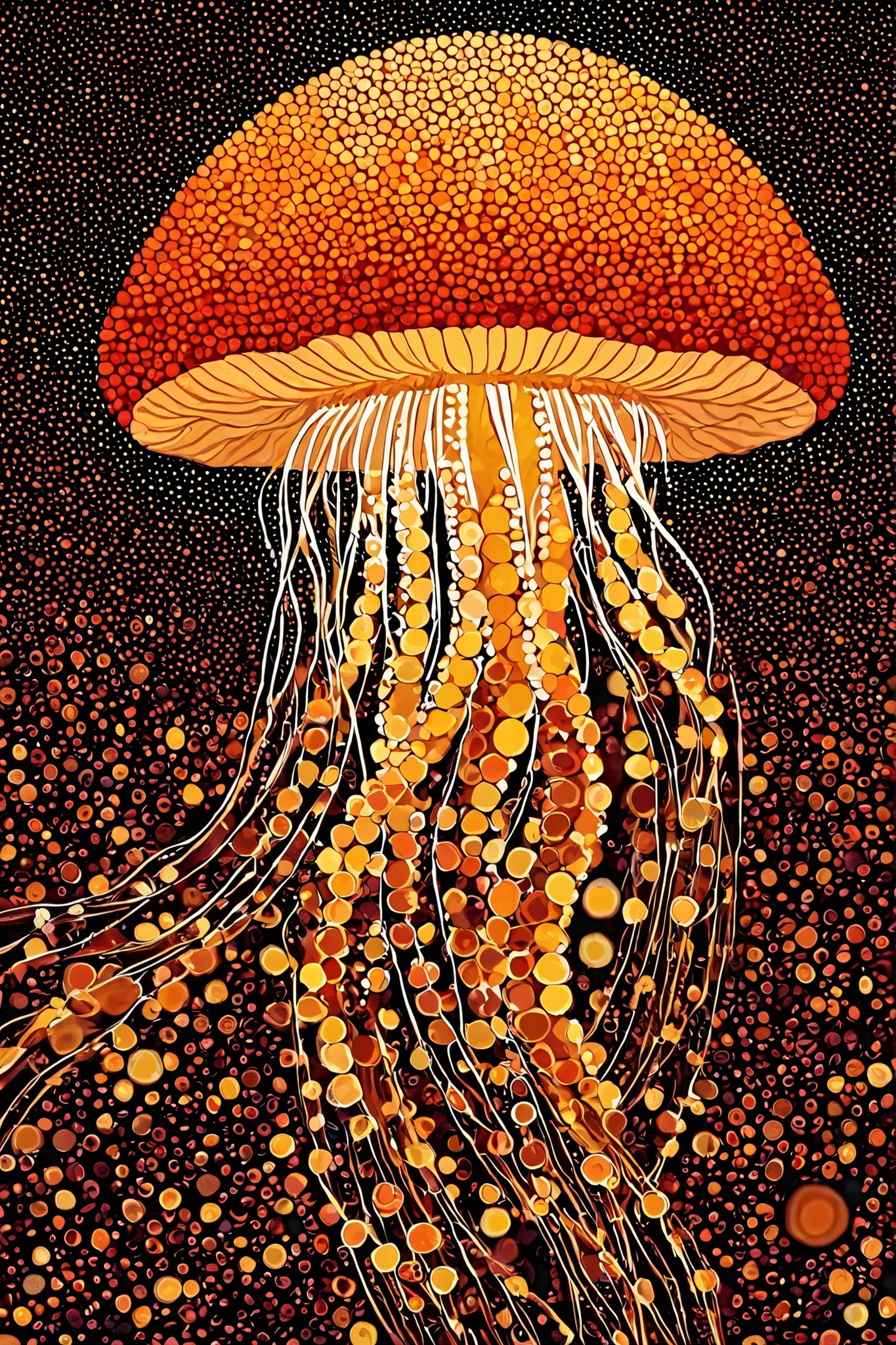 The silhouette of a giant jellyfish created from a mosaic of golden circles. The entire artwork is composed of an aggregation of small circles in shades of orange, yellow, and brown. The shape of the jellyfish is skillfully expressed through the density and color variation of the circles. The background is dark, making the jellyfish's outline appear to glow. A meticulous and calculatedly beautiful piece of art.
Keywords: mosaic art, pointillism, jellyfish, silhouette, circles, golden, meticulous, abstract, design, art