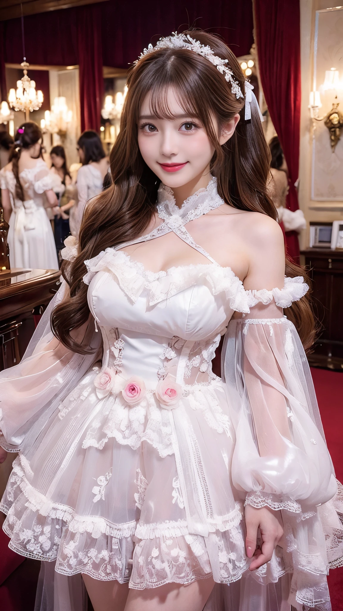 pretty woman , Chestnut hair , beautiful eyes , Smile, actual , Full HD, very beautiful dress ,White Lolita , Fluffy Dress , Curved Body,Magnificent views , gorgeous decoration ,Long gown,高跟鞋,渔网袜