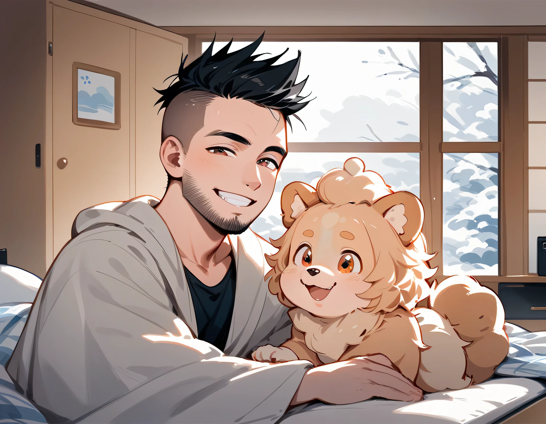 (((((with small Pomeranian(dog)))))),(middle-man),40years old,(The face of an old man with dignity),man's eyes,man's nose,grin,(black short spiked hair),forehead,sidecut,undercut,beard,male's knit warmer,(manga style,sketch,best quality),On a cold winter day,relaxes inside a cozy kotatsu (Japanese heated table and blanket), kotatsu, tangerines on the table,slowly dozing off with a peaceful expression,japanese living room,TV,japanese closet, window,