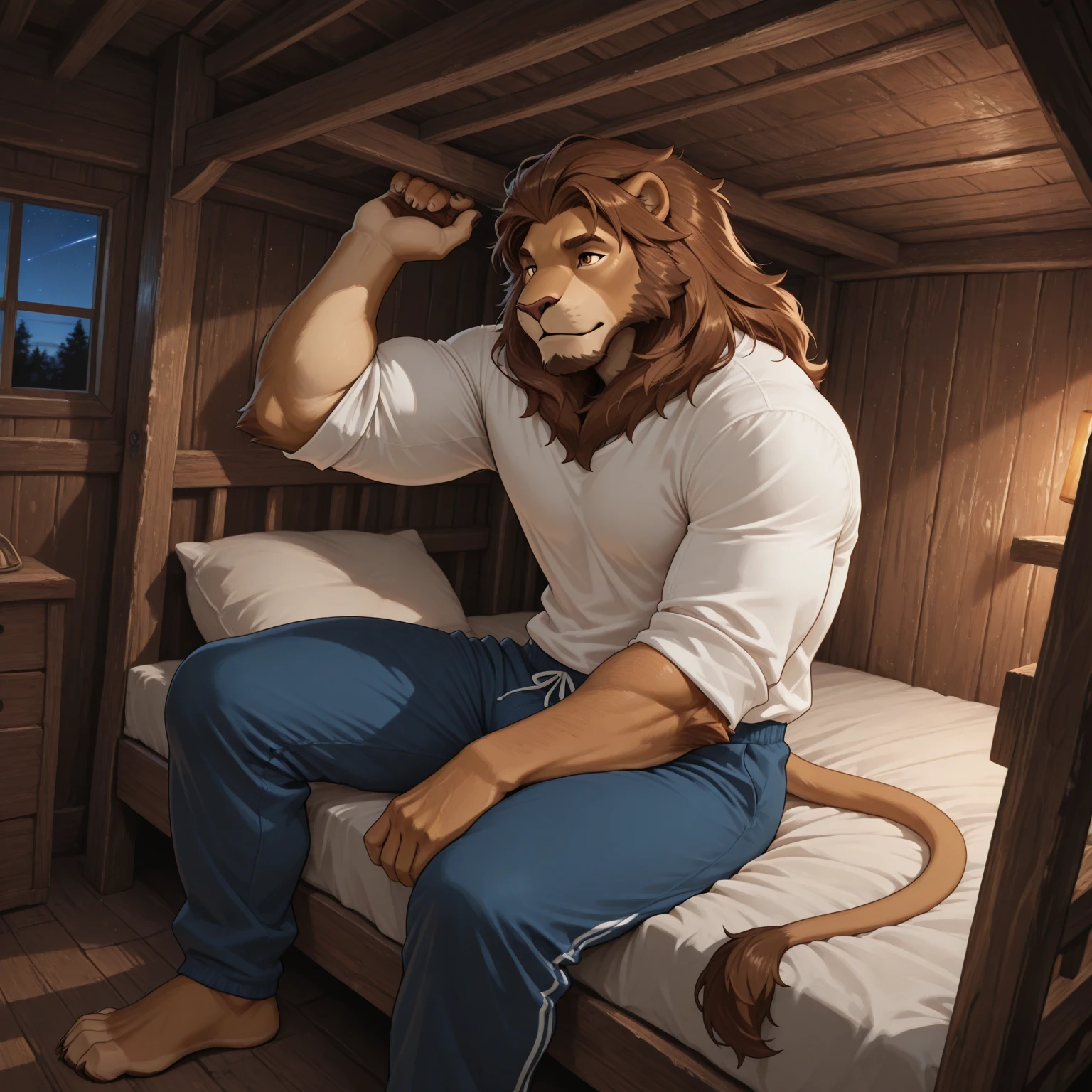 By Taran Fiddler, , one man, alone, anthro canine (Bearded Collie breed), adult male, elderly, slightly wrinkled face, bushy eyebrows, stern  expression, grumpy, bushy mustache, mustache covering mouth, slightly short height, ,   (knot), , sitting on a double bunk bed, discarded clothes on the ground, inside living quarters, oil rig dormitory, small room, simple lighting and background, extreme closeup of character