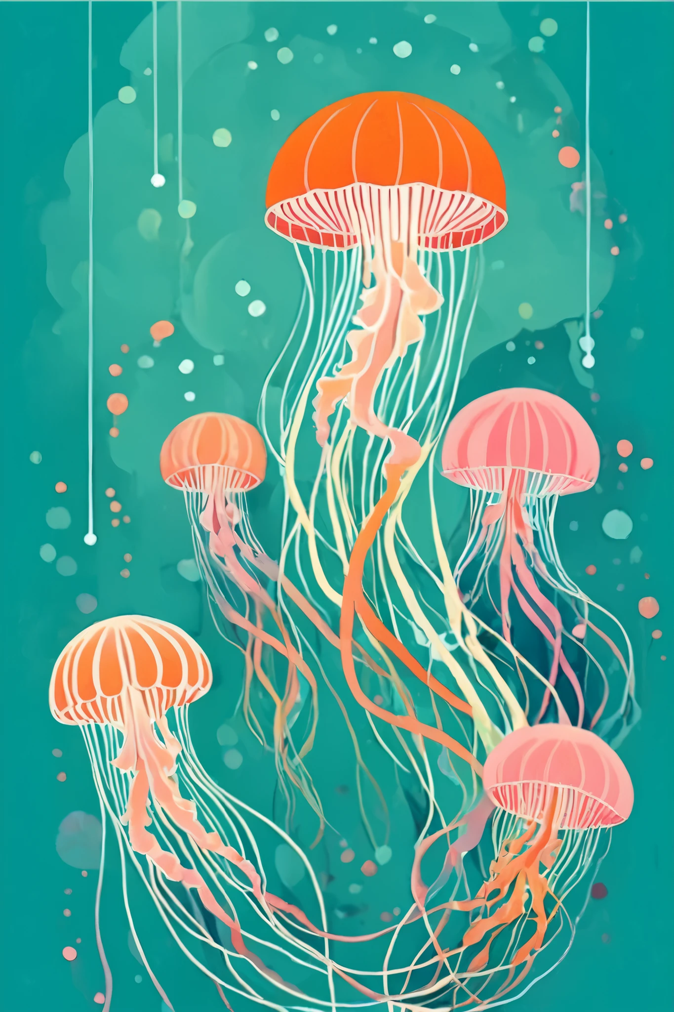 A beautiful and graphical abstract artwork inspired by jellyfish. Against a teal green background, circles of orange, red, and pink (representing jellyfish bells) are rhythmically arranged. From some of the circles, thin lines and dotted trails hang down. The overall style is flat and sophisticated.
Keywords: graphic design, abstract art, jellyfish, circles, lines, teal and orange, flat, minimal, illustration