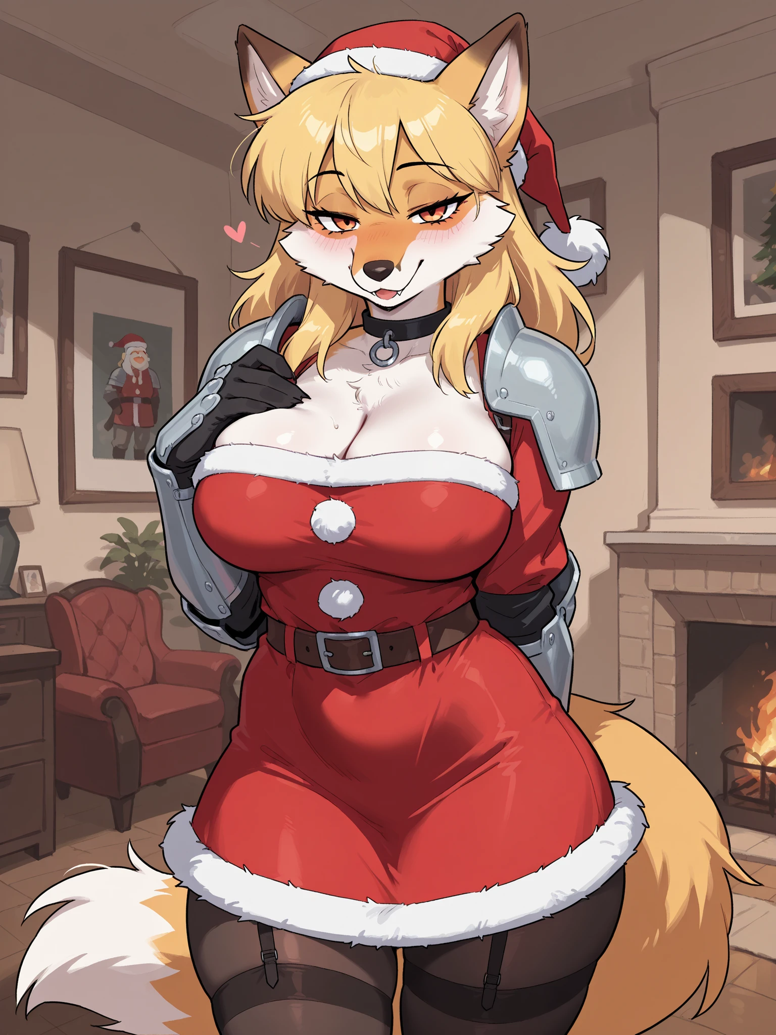 (masterpiece, armor), hairy:1.3, snout:1.2, The second:1.3,   hairy:1.2,  amazing quality, muy estético, absurd, high resolution, NEW , HDR-10, 8K, cinematic, professional photo, the girl, female fox:1.25, animal ears, (white fur:0.86),  Pechos grandes, (Small but curvy), (white fur:0.86), anime chica in Santa Claus costume with tights and stockings, anime style Ecchi hips, small curvy, ecchi, ecchi style, (((seductive expression))), (((neckline))), impressive, Ambiente navideño en una casa, detailed background, subsurface dispersion, translucent, brilliant, SSS, chica, atmospheric haze , IllustrationsP0s  , (super quality:1.2),  very excited