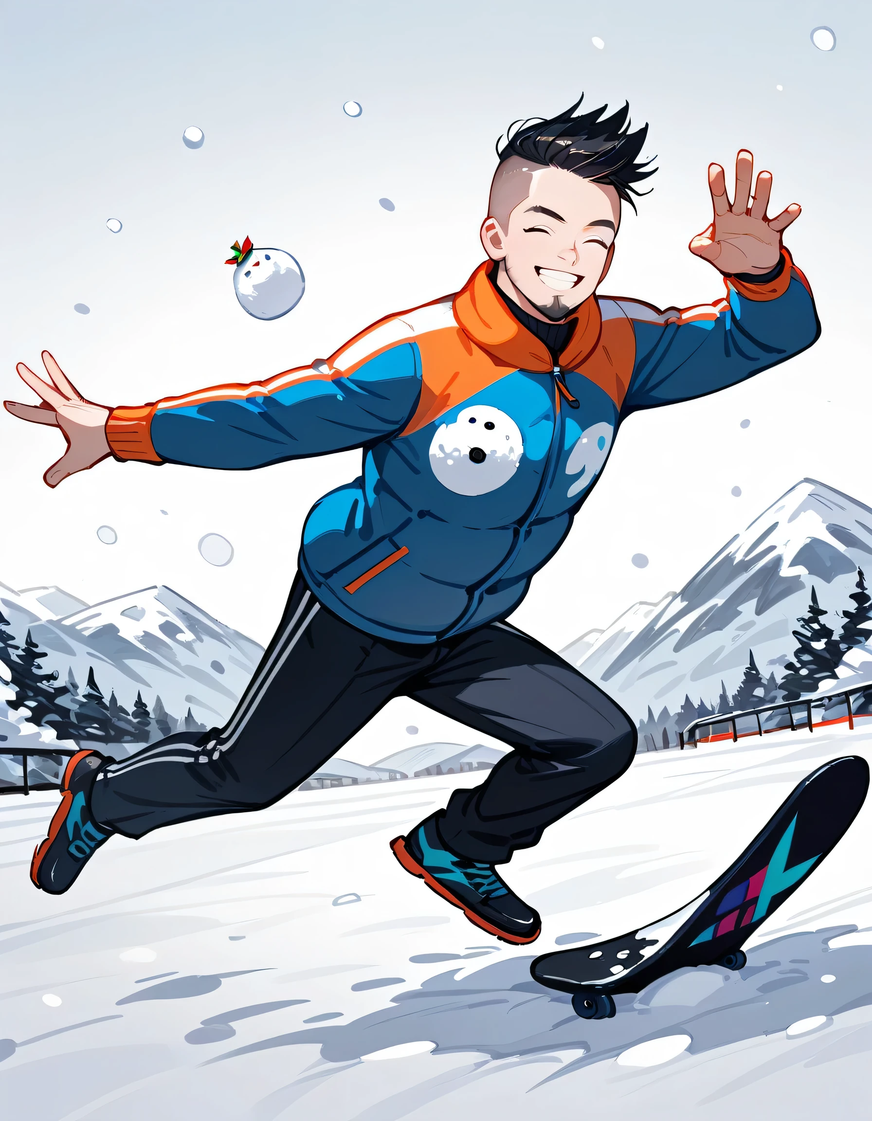 sideview,(dynamic jumping snowboarding trick pose),looking at viewer,(middle-man),40years old,(The face of an old man with dignity),man's eyes,man's nose,closed eyes smile,(black short spiked hair),forehead,sidecut,undercut,beard,snowboarder's suits,(manga style,sketch,best quality),snow mountain,ski resort, slalom,(((createe big snowman))),Snowboard,